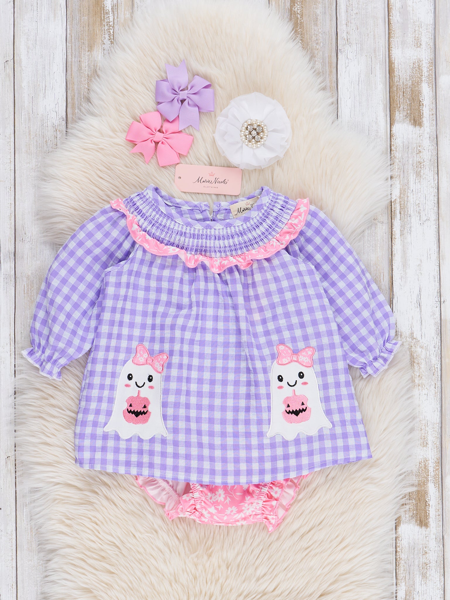 Purple Gingham Embroidered Ghosts Bloomers Outfit - Marie Nicole Clothing