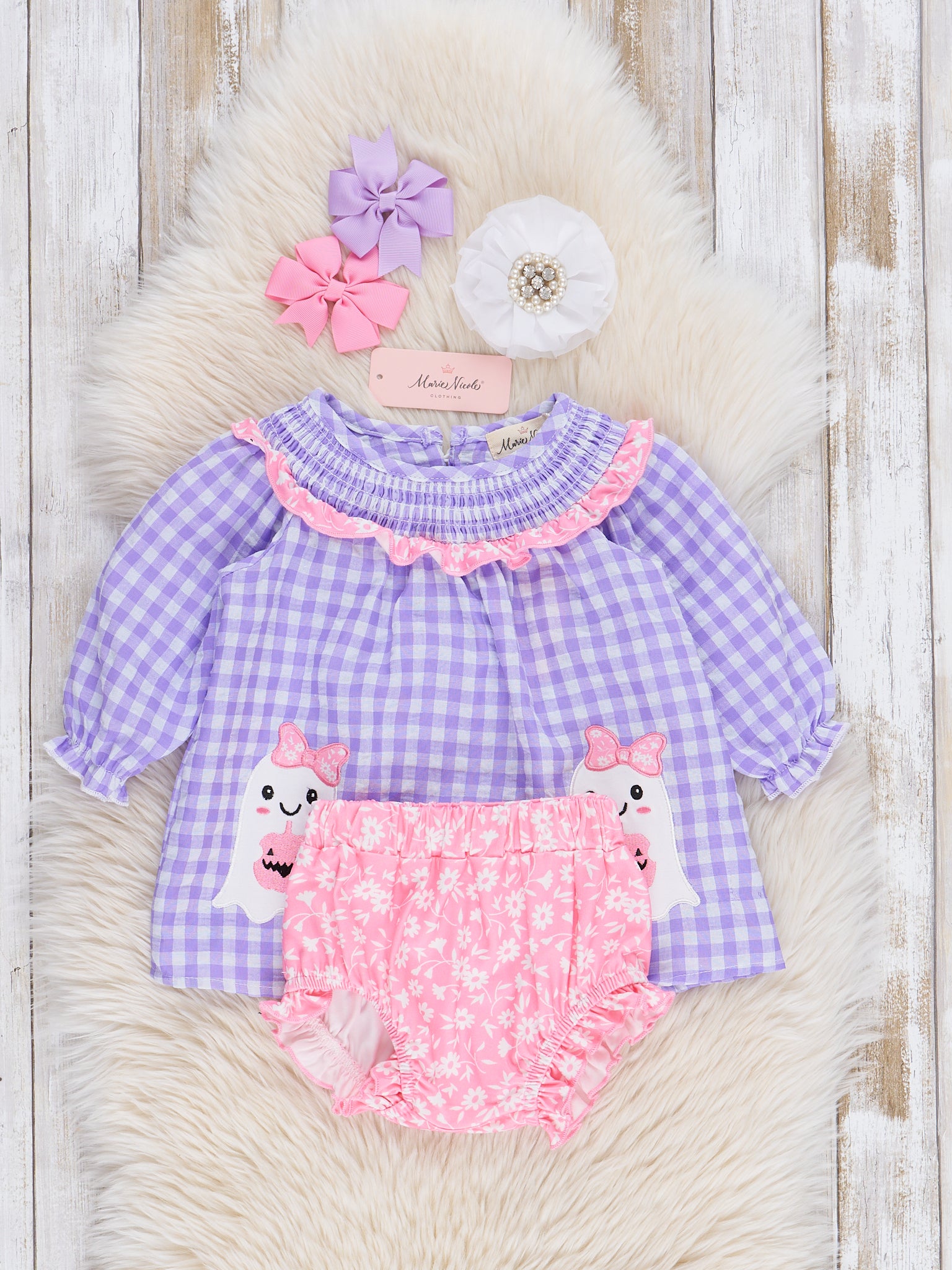 Purple Gingham Embroidered Ghosts Bloomers Outfit - Marie Nicole Clothing