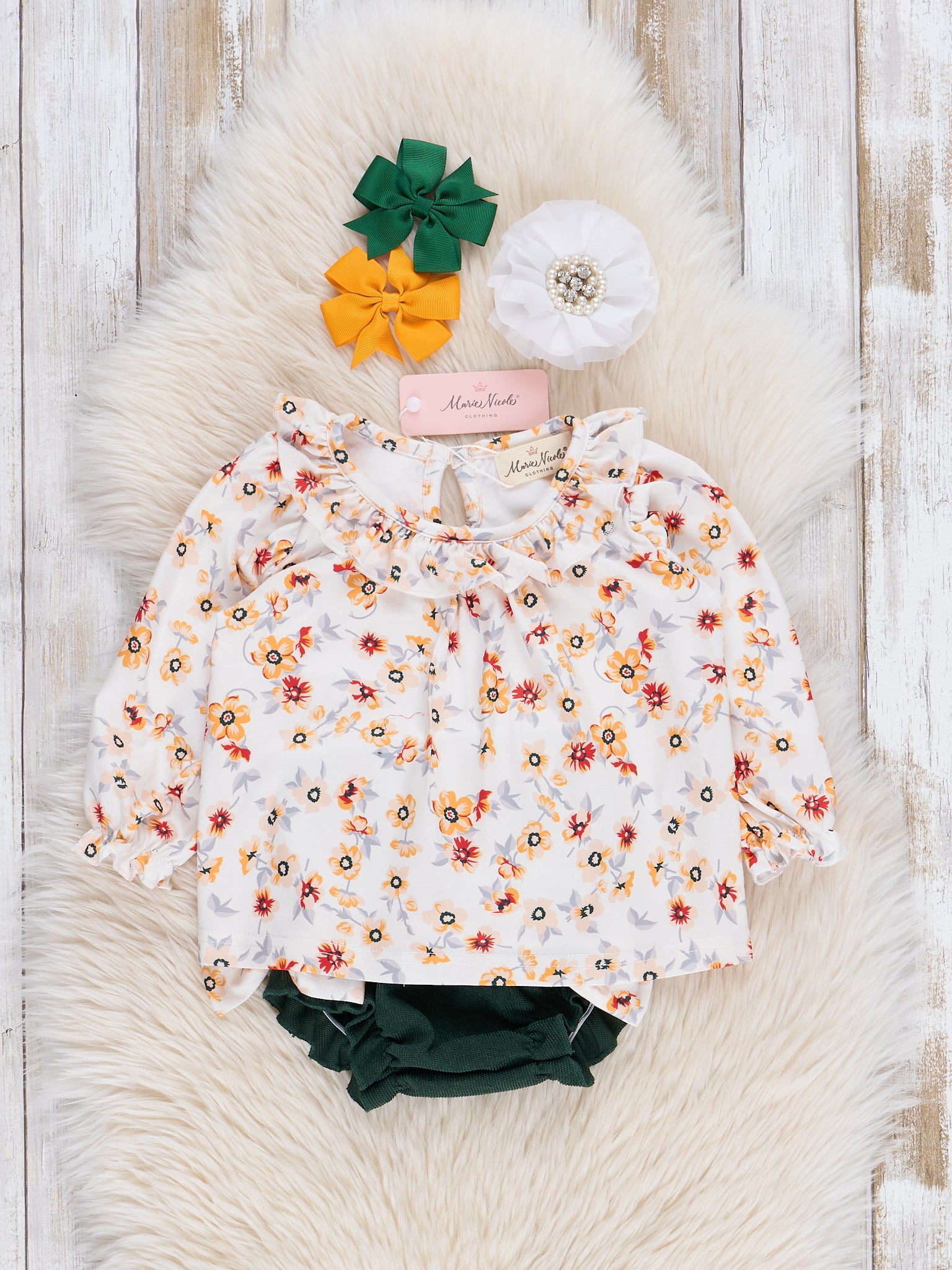 Green Sunflower Ruffle Bloomers Outfit - Marie Nicole Clothing