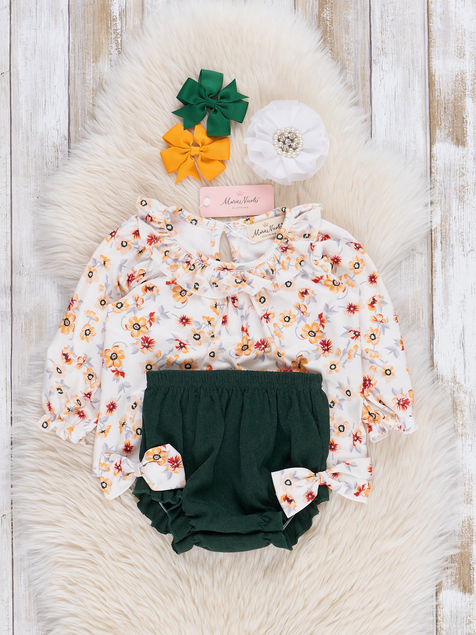 Green Sunflower Ruffle Bloomers Outfit - Marie Nicole Clothing