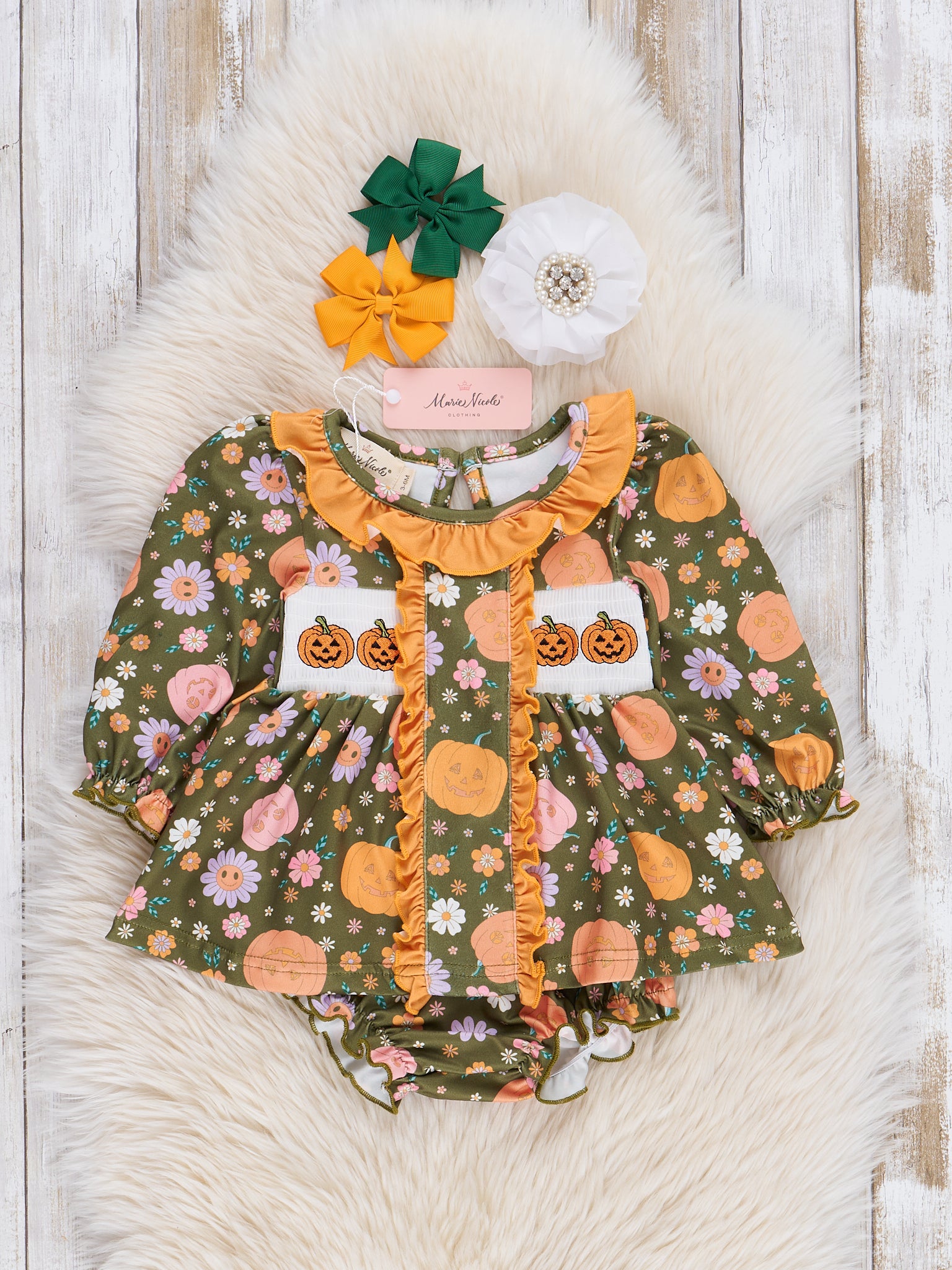 Green Jack - o - Lantern Garden Smocked Bloomers Outfit - Marie Nicole Clothing