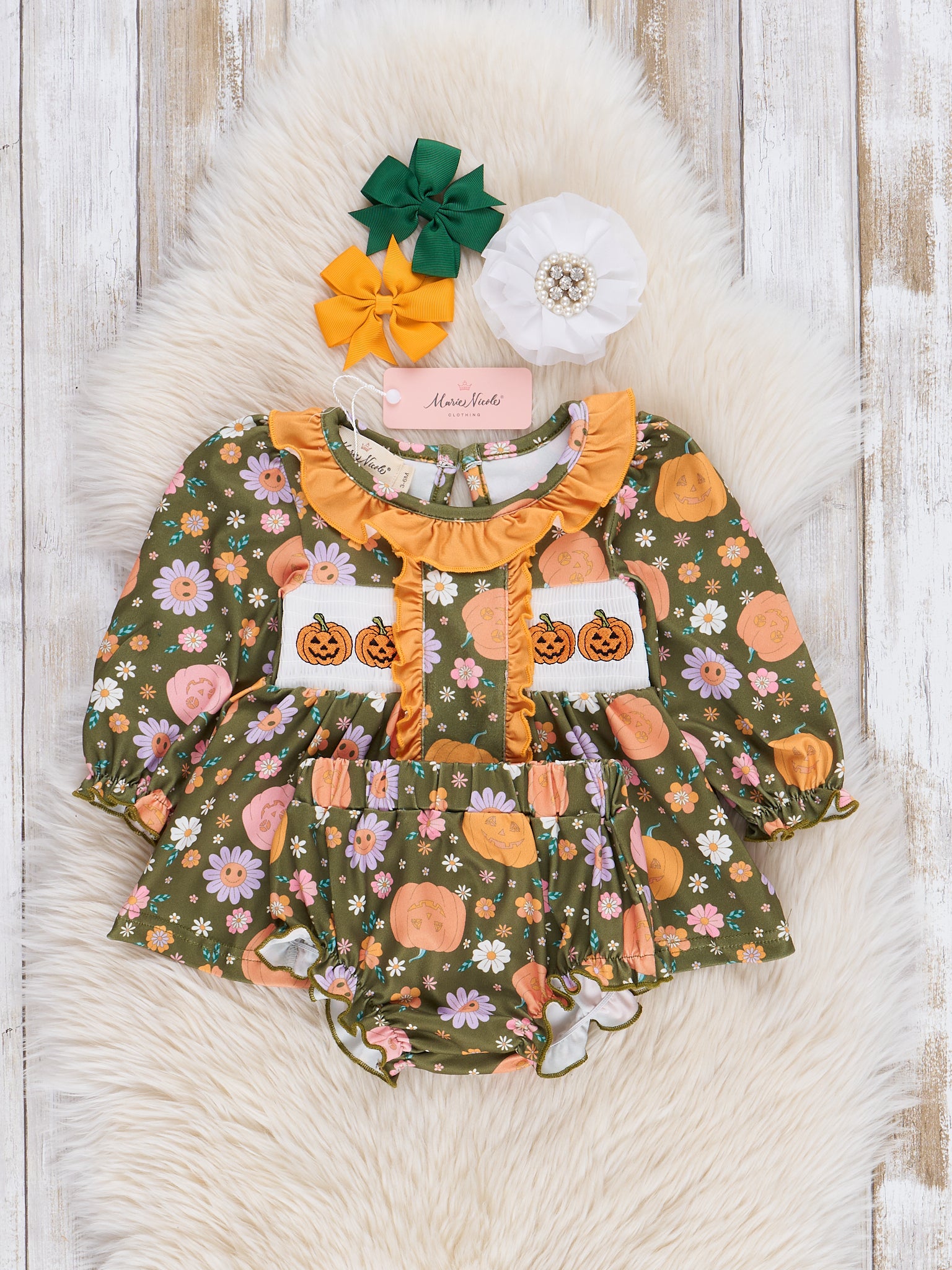 Green Jack - o - Lantern Garden Smocked Bloomers Outfit - Marie Nicole Clothing