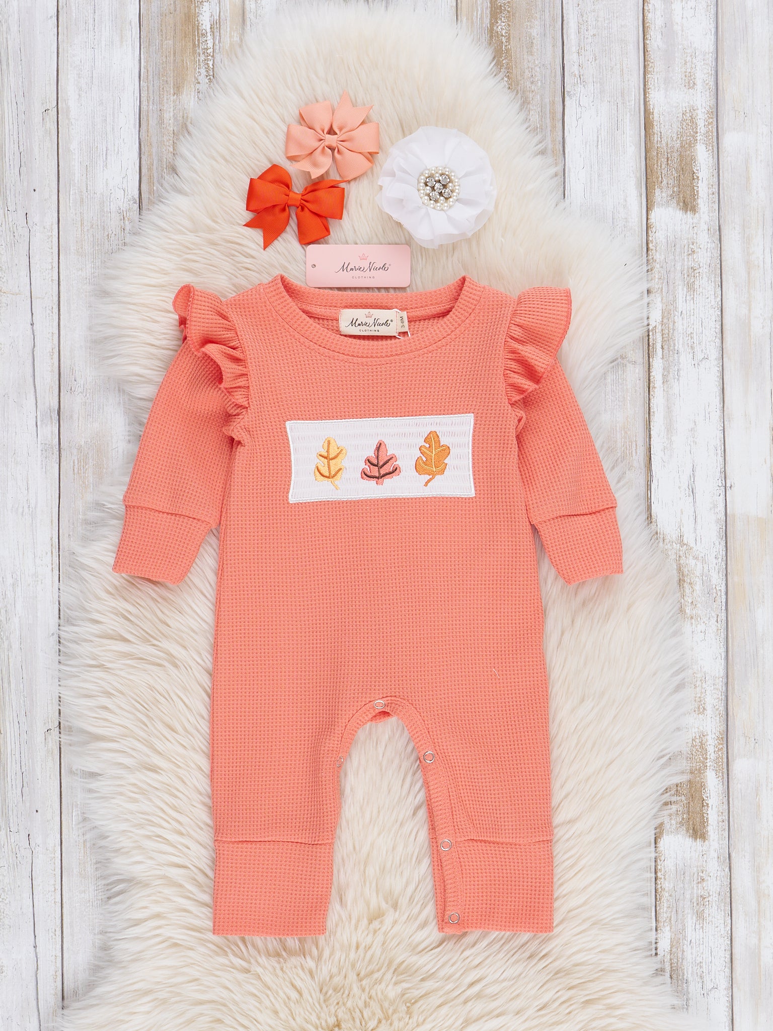 Orange Smocked Autumn Leaves Ruffle Romper - Marie Nicole Clothing