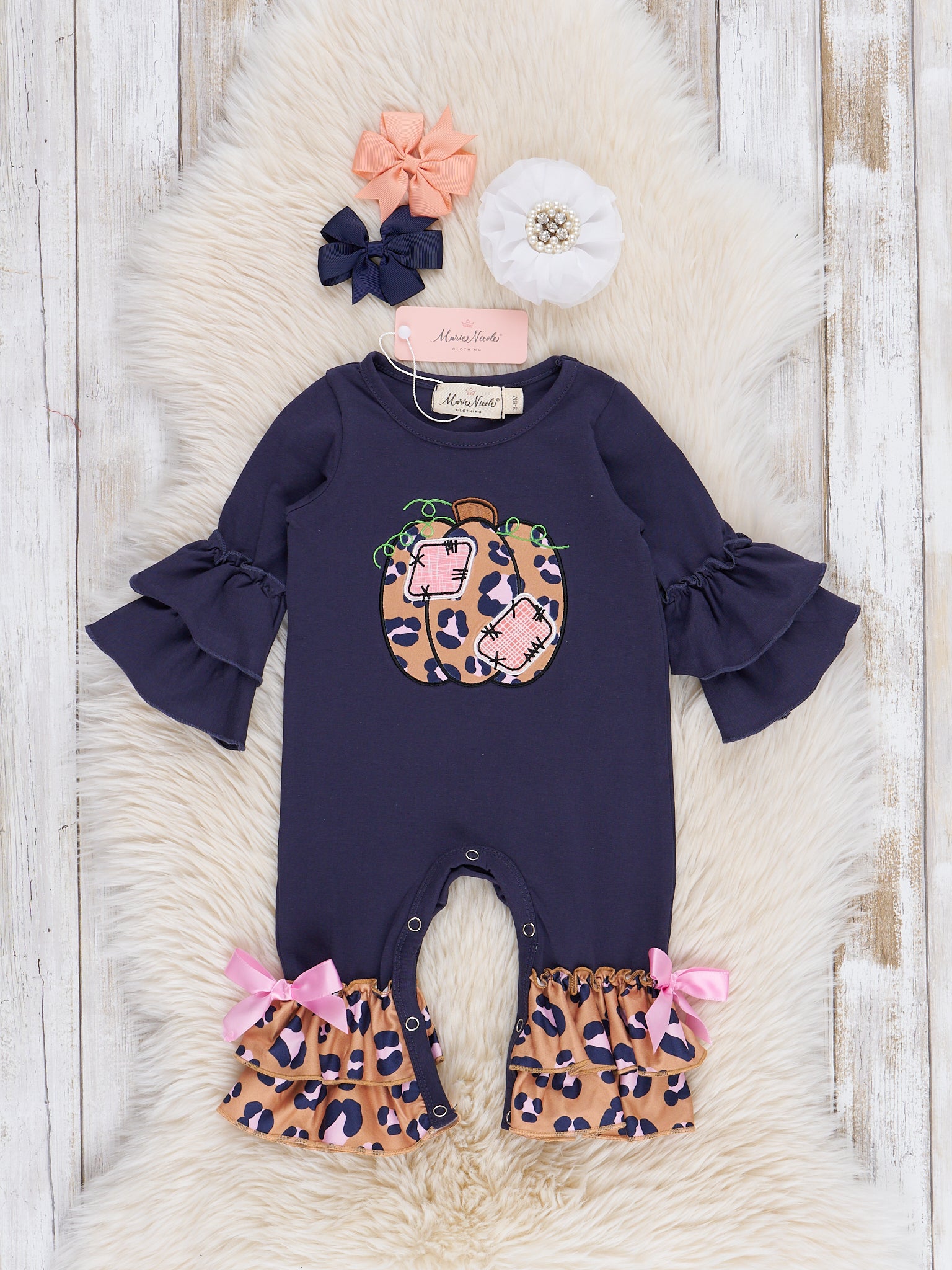 Navy & Leopard Pumpkin Patches Ruffle Romper - Marie Nicole Clothing