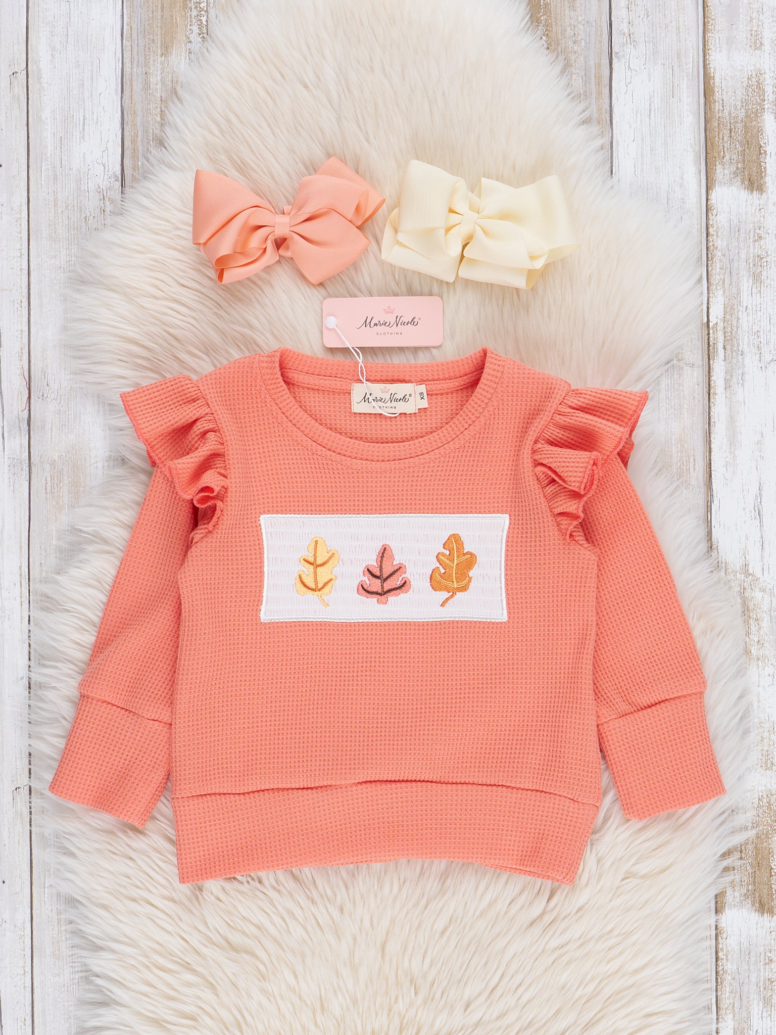 Orange Smocked Autumn Leaves Ruffle Shirt - Marie Nicole Clothing