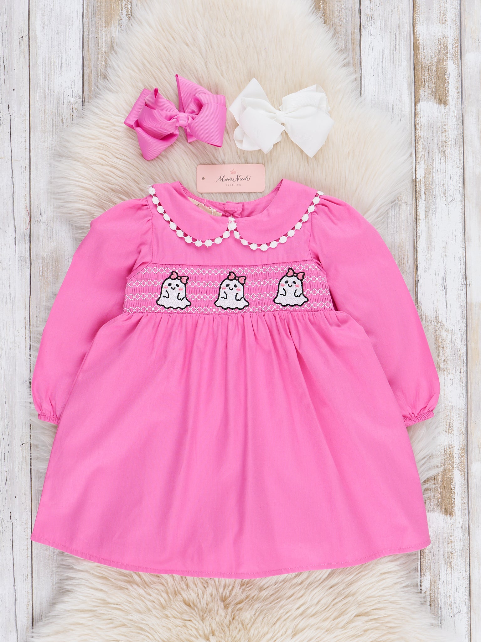 Pink Smocked Ghosts Ruffle Dress - Marie Nicole Clothing