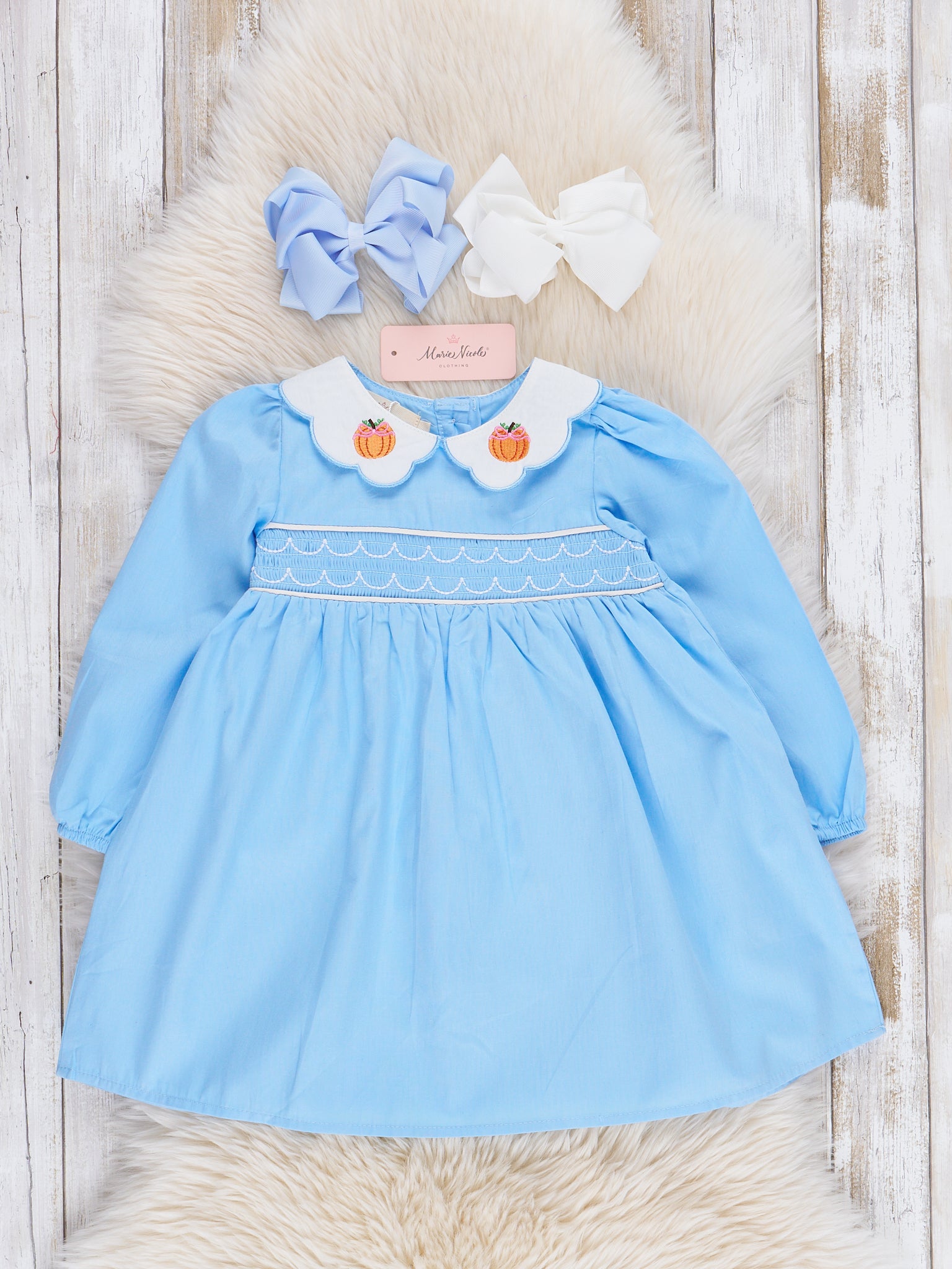 Blue Smocked Pumpkin Collar Ruffle Dress - Marie Nicole Clothing