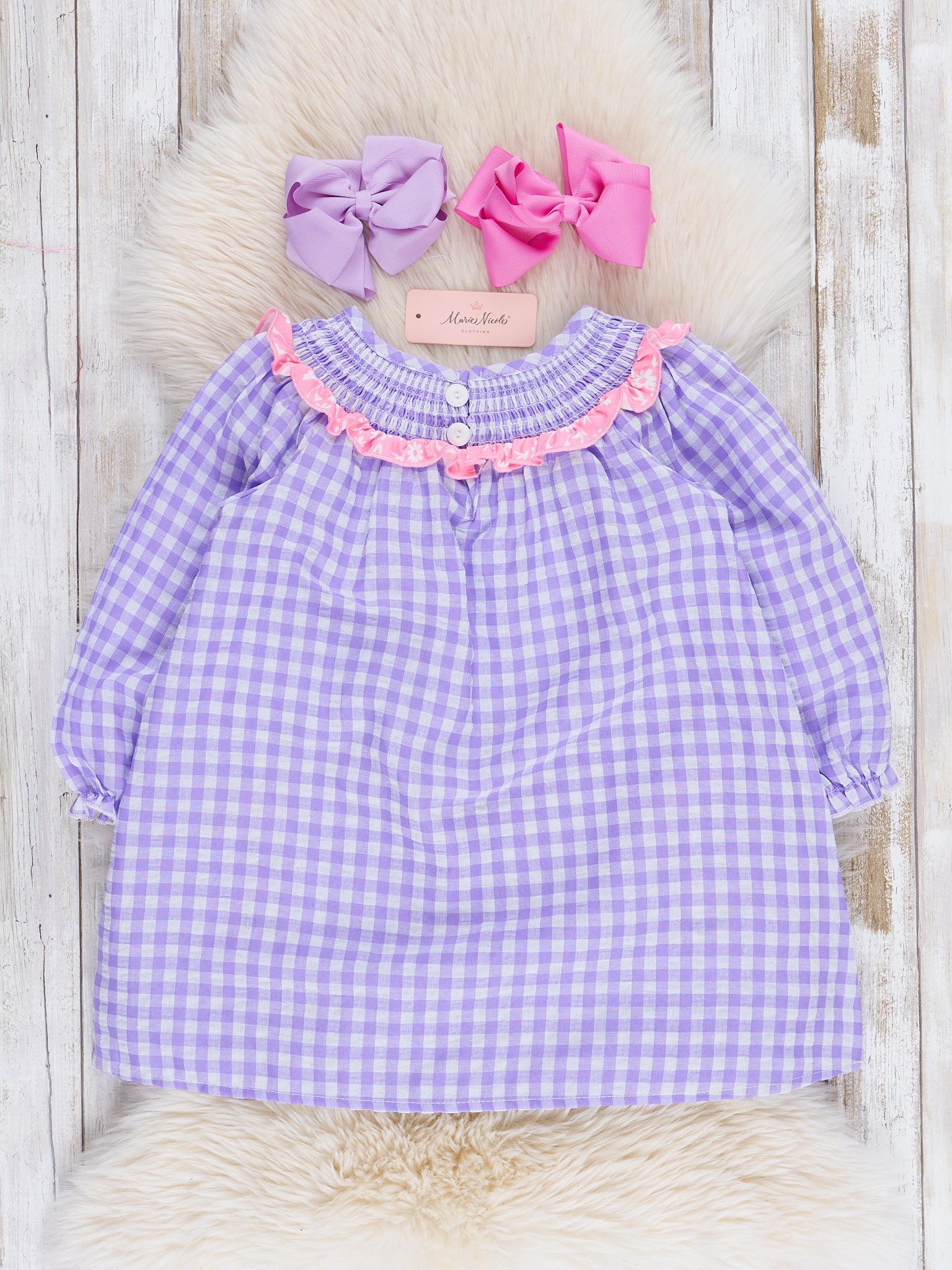 Purple Gingham Embroidered Ghosts Ruffle Dress - Marie Nicole Clothing