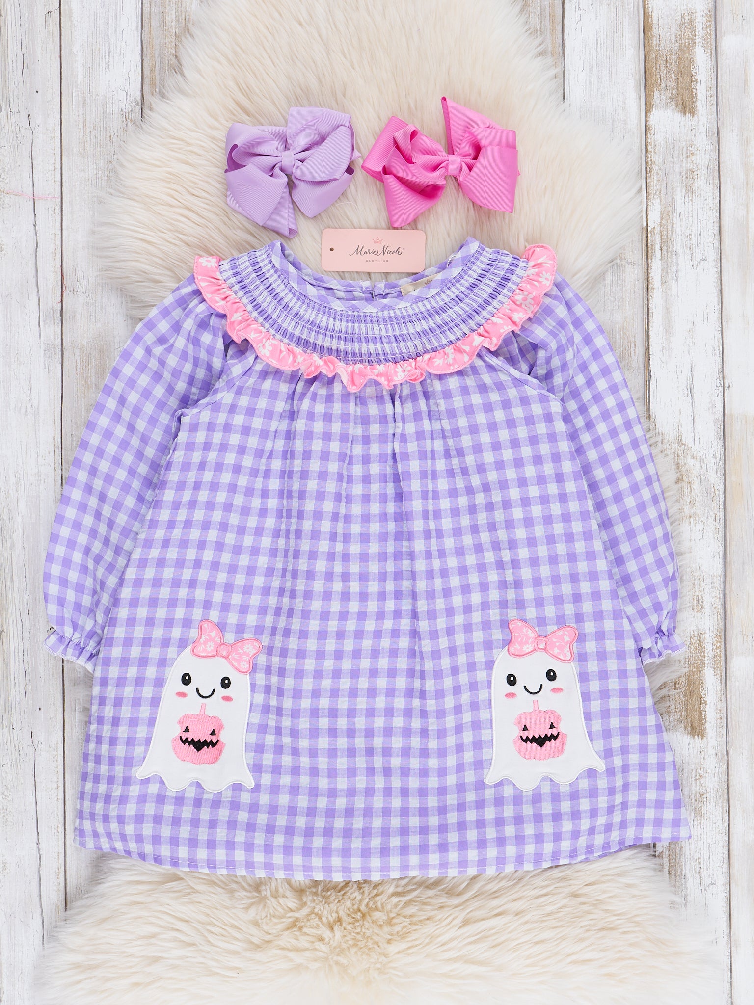 Purple Gingham Embroidered Ghosts Ruffle Dress - Marie Nicole Clothing