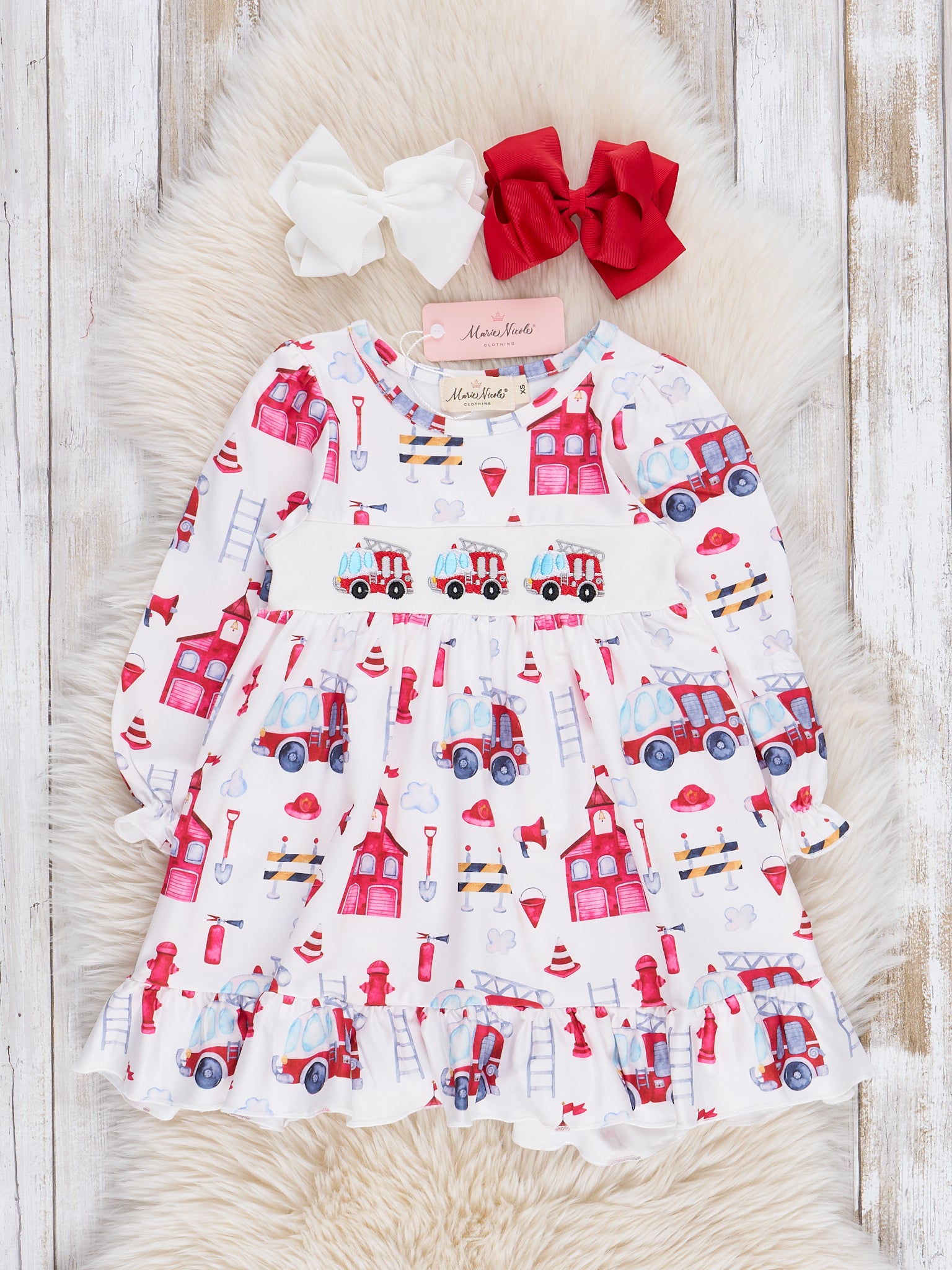 Red & White Vintage Firehouse Smocked Ruffle Dress - Marie Nicole Clothing
