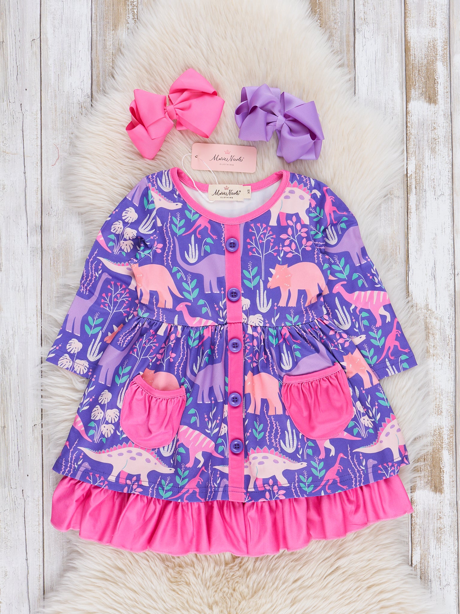 Pink & Purple Dinosaur Garden Button Ruffle Dress - Marie Nicole Clothing