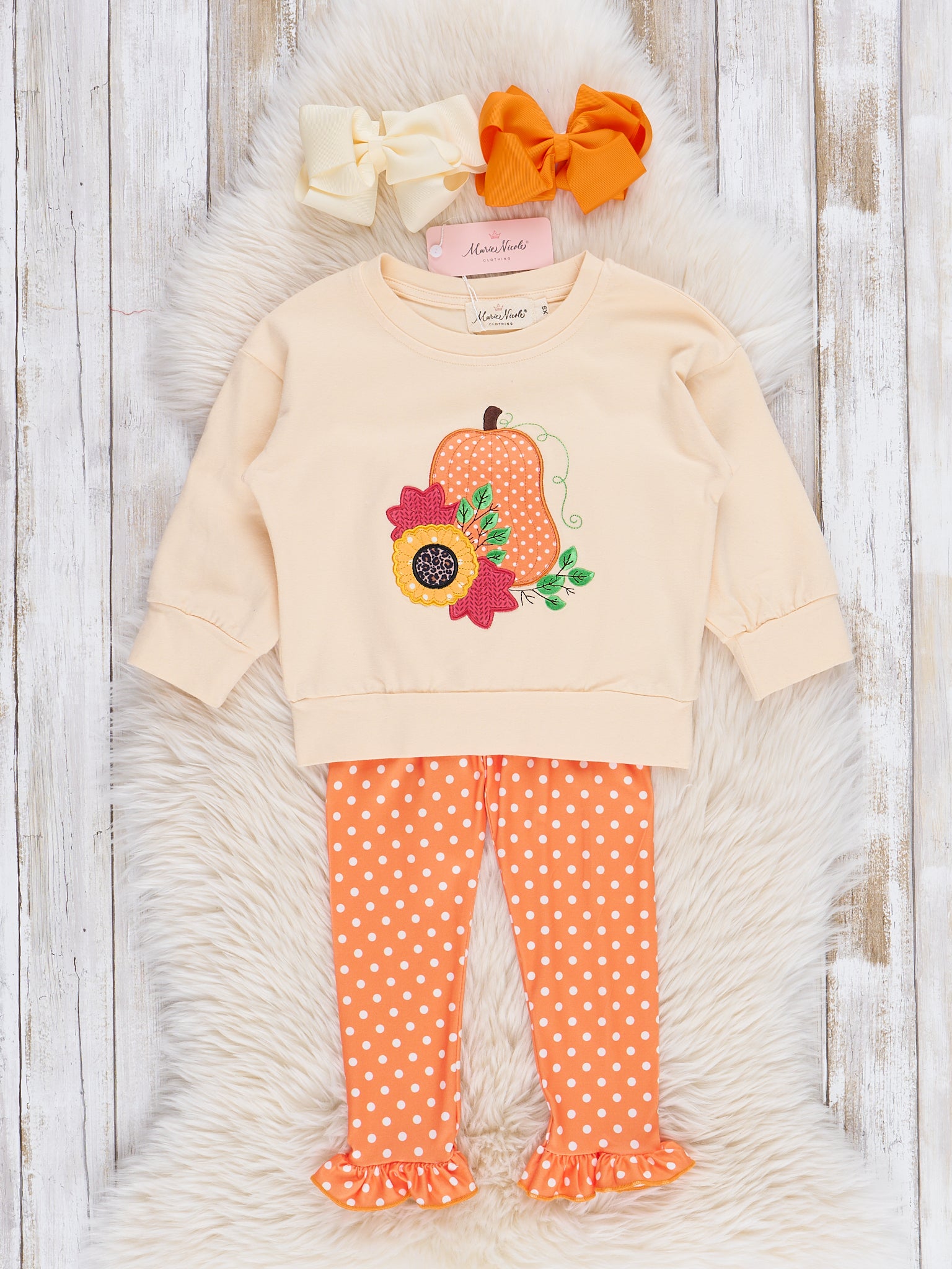 Orange Embroidered Gourds Polka Dot Ruffle Outfit - Marie Nicole Clothing