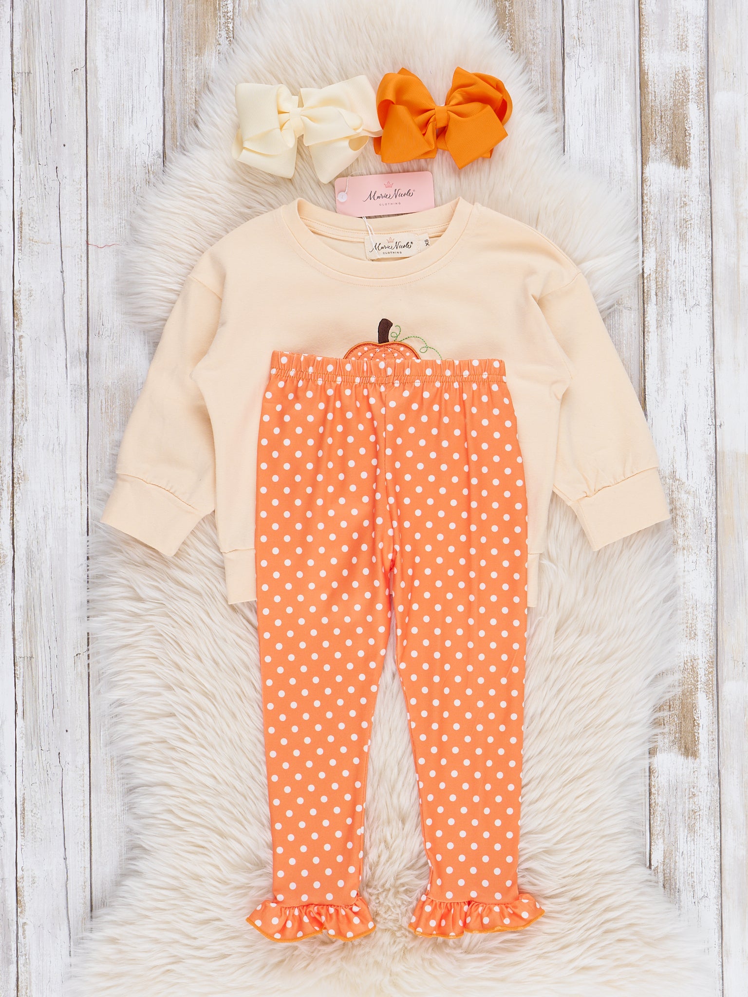 Orange Embroidered Gourds Polka Dot Ruffle Outfit - Marie Nicole Clothing