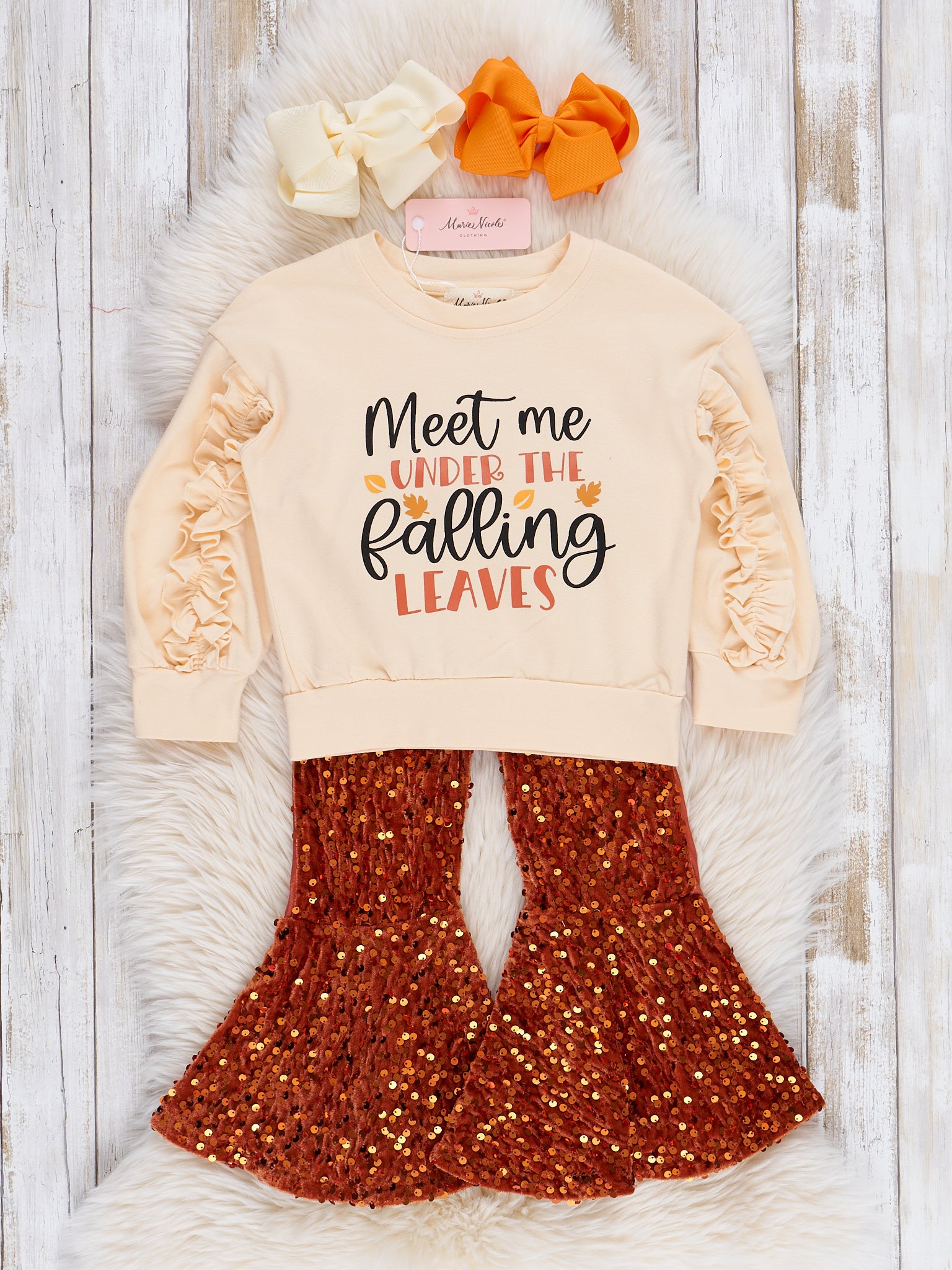 Orange Falling Leaves Sequin Bell Bottoms Outfit - Marie Nicole Clothing