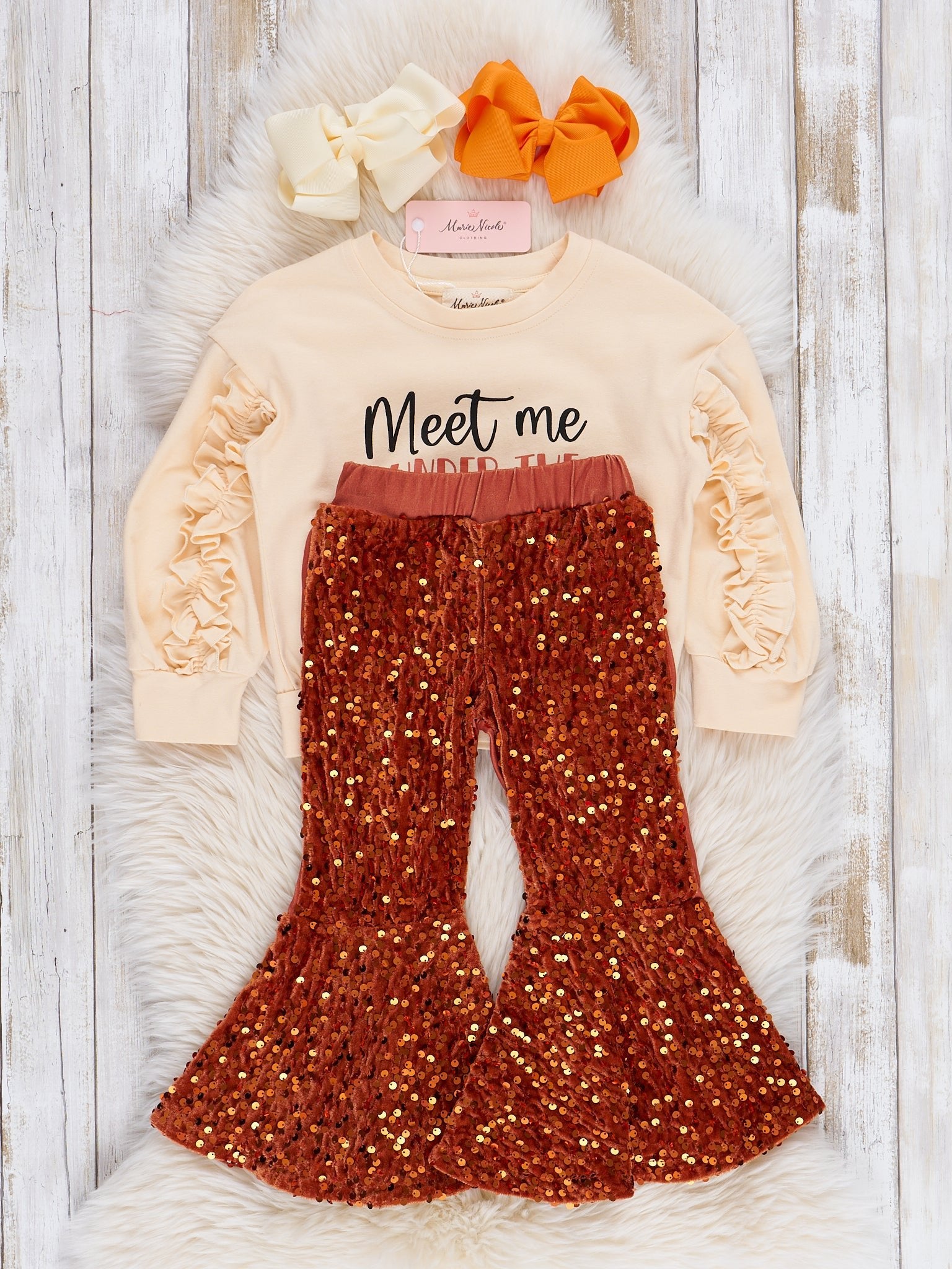 Orange Falling Leaves Sequin Bell Bottoms Outfit - Marie Nicole Clothing