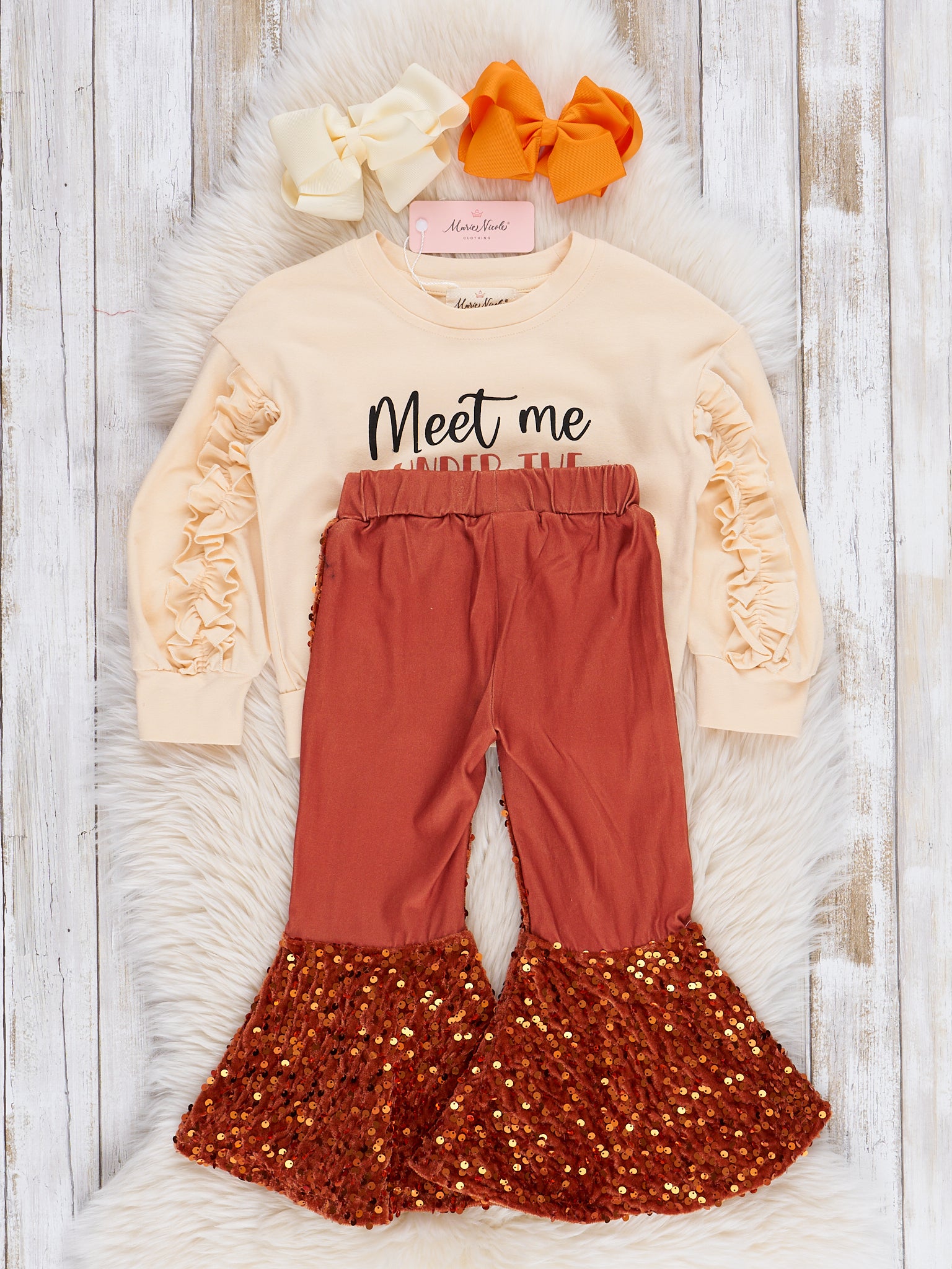 Orange Falling Leaves Sequin Bell Bottoms Outfit - Marie Nicole Clothing