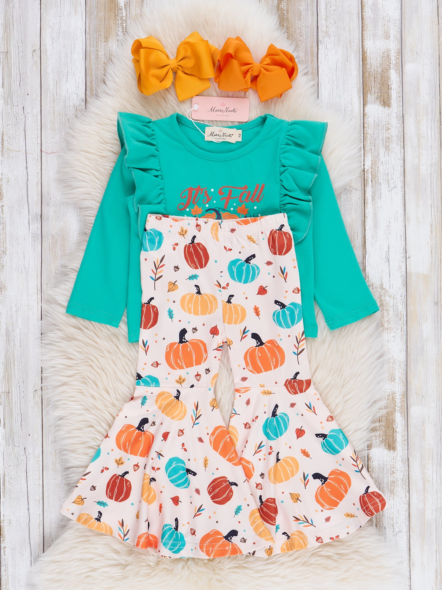 Teal "It's Fall Y'all" Pumpkin Bell Bottoms Outfit - Marie Nicole Clothing