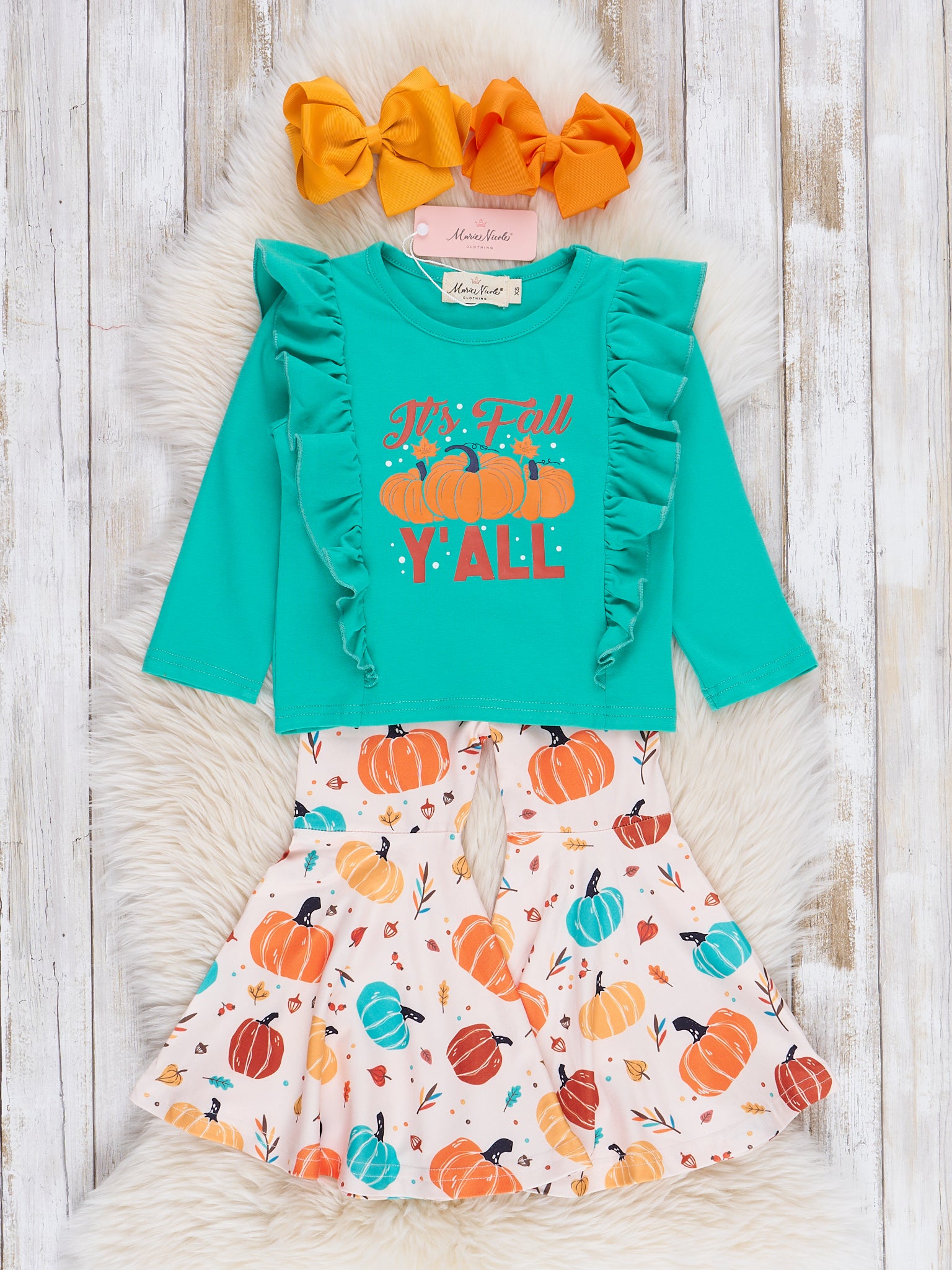 Teal "It's Fall Y'all" Pumpkin Bell Bottoms Outfit - Marie Nicole Clothing