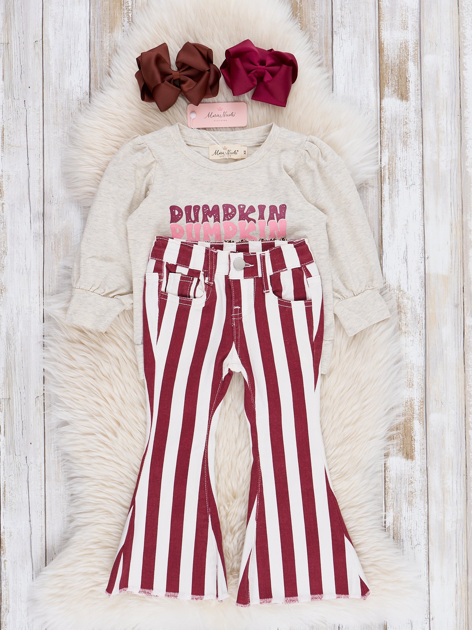 Maroon "Pumpkin Season" Striped Bell Bottoms Outfit - Marie Nicole Clothing