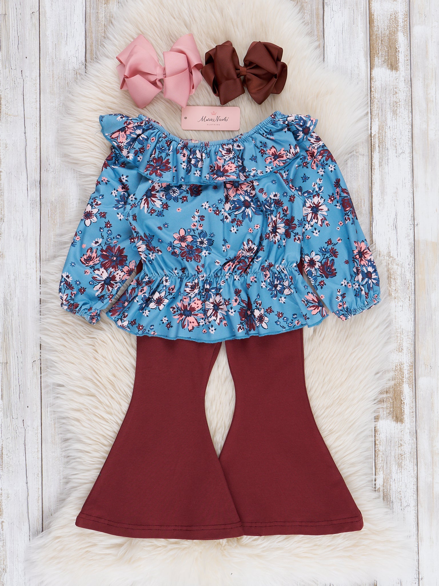 Blue & Maroon Garden Ruffle Bell Bottoms Outfit - Marie Nicole Clothing