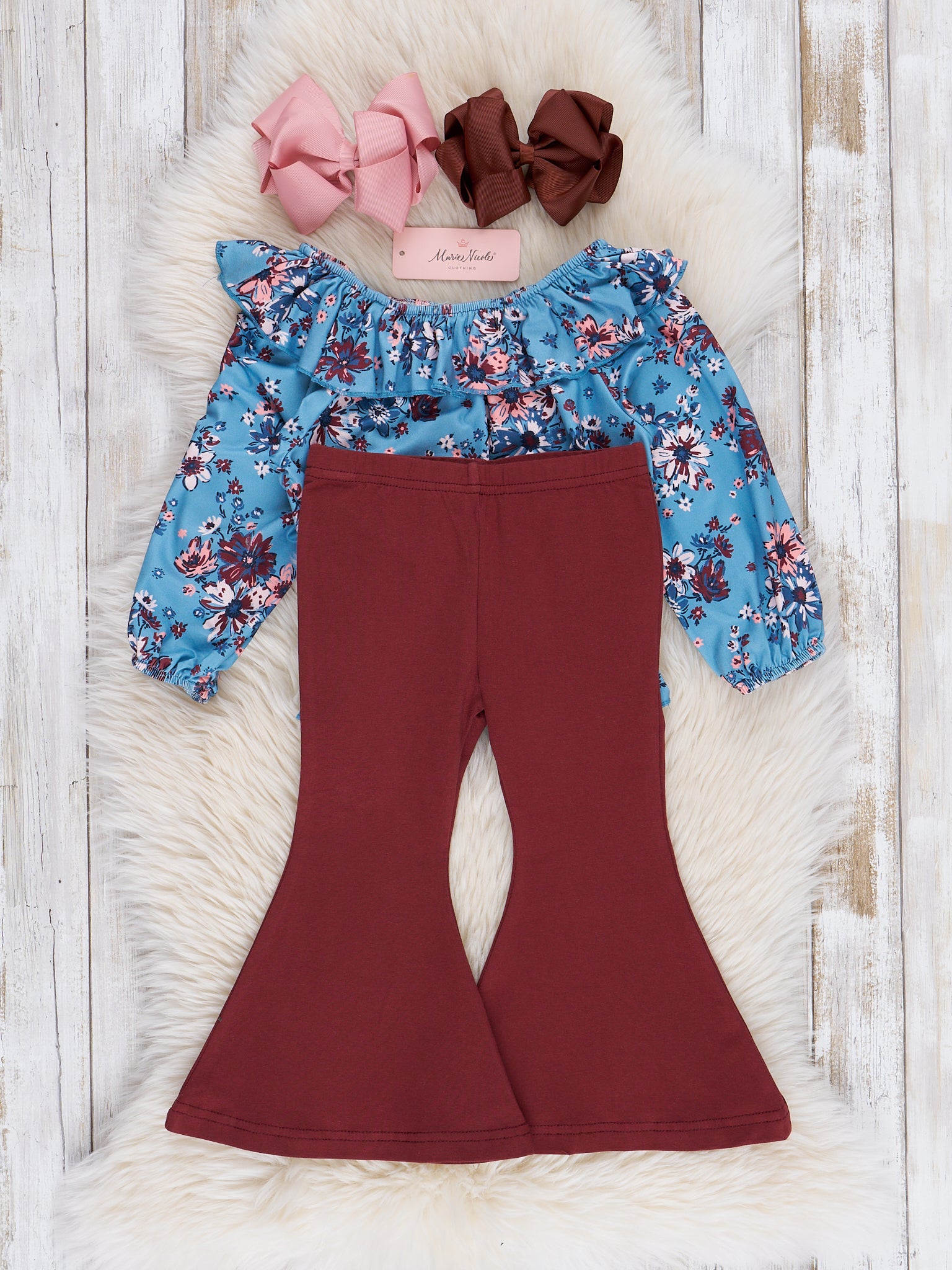 Blue & Maroon Garden Ruffle Bell Bottoms Outfit - Marie Nicole Clothing