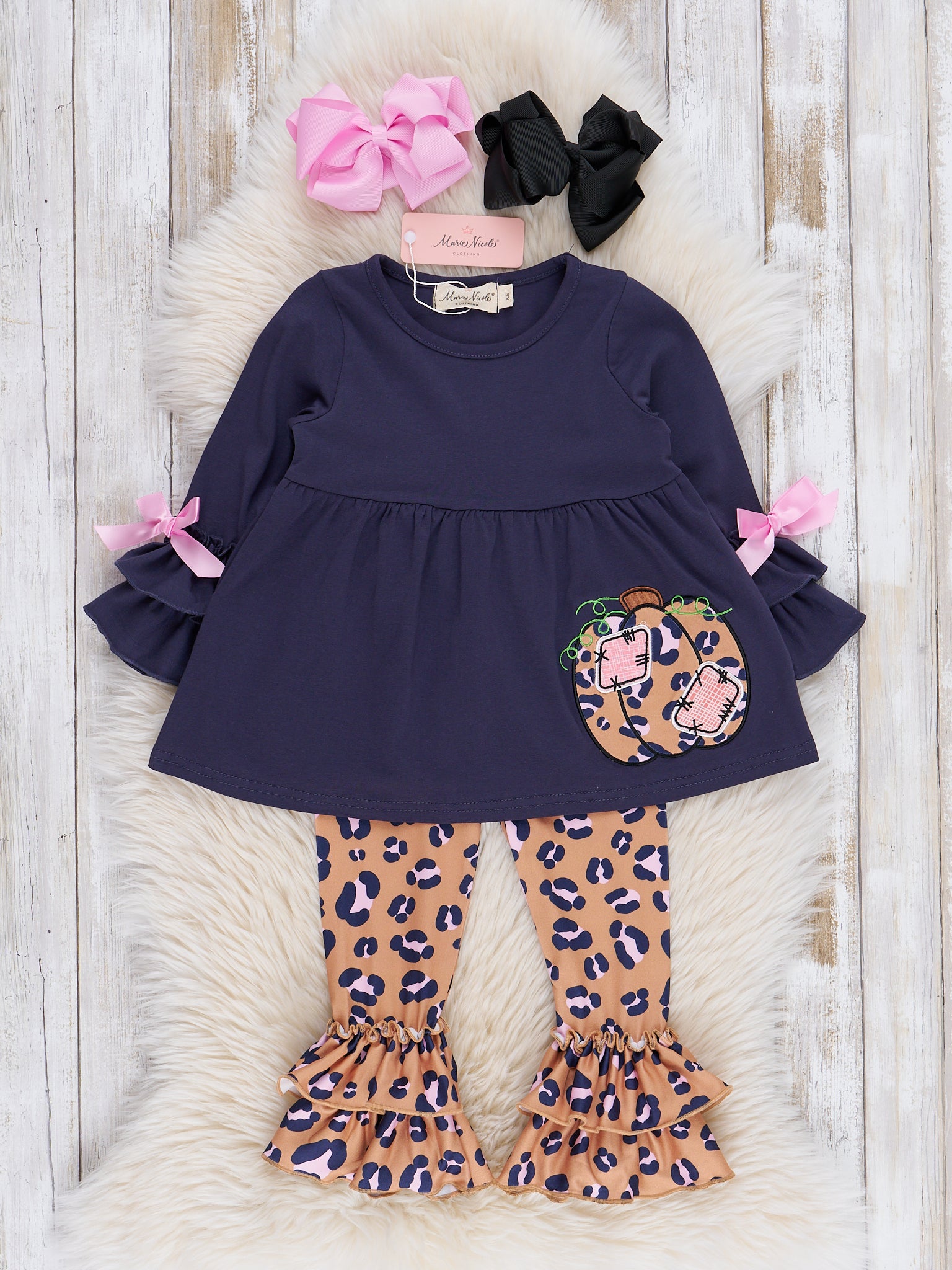 Navy & Leopard Pumpkin Patches Ruffle Outfit - Marie Nicole Clothing
