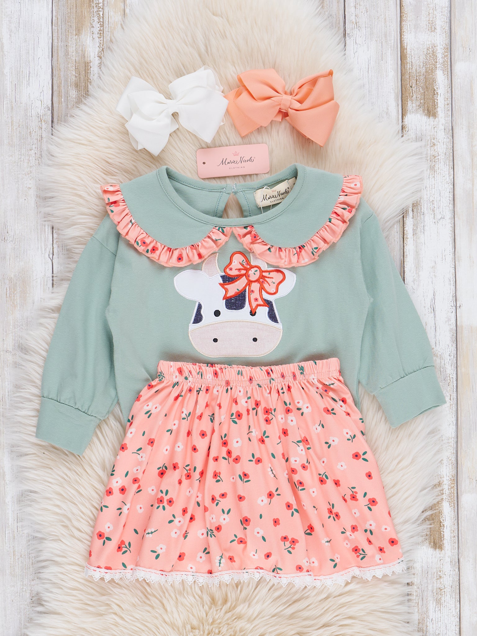 Mint & Coral Embroidered Cow Floral Ruffle Outfit w/ Skirt - Marie Nicole Clothing