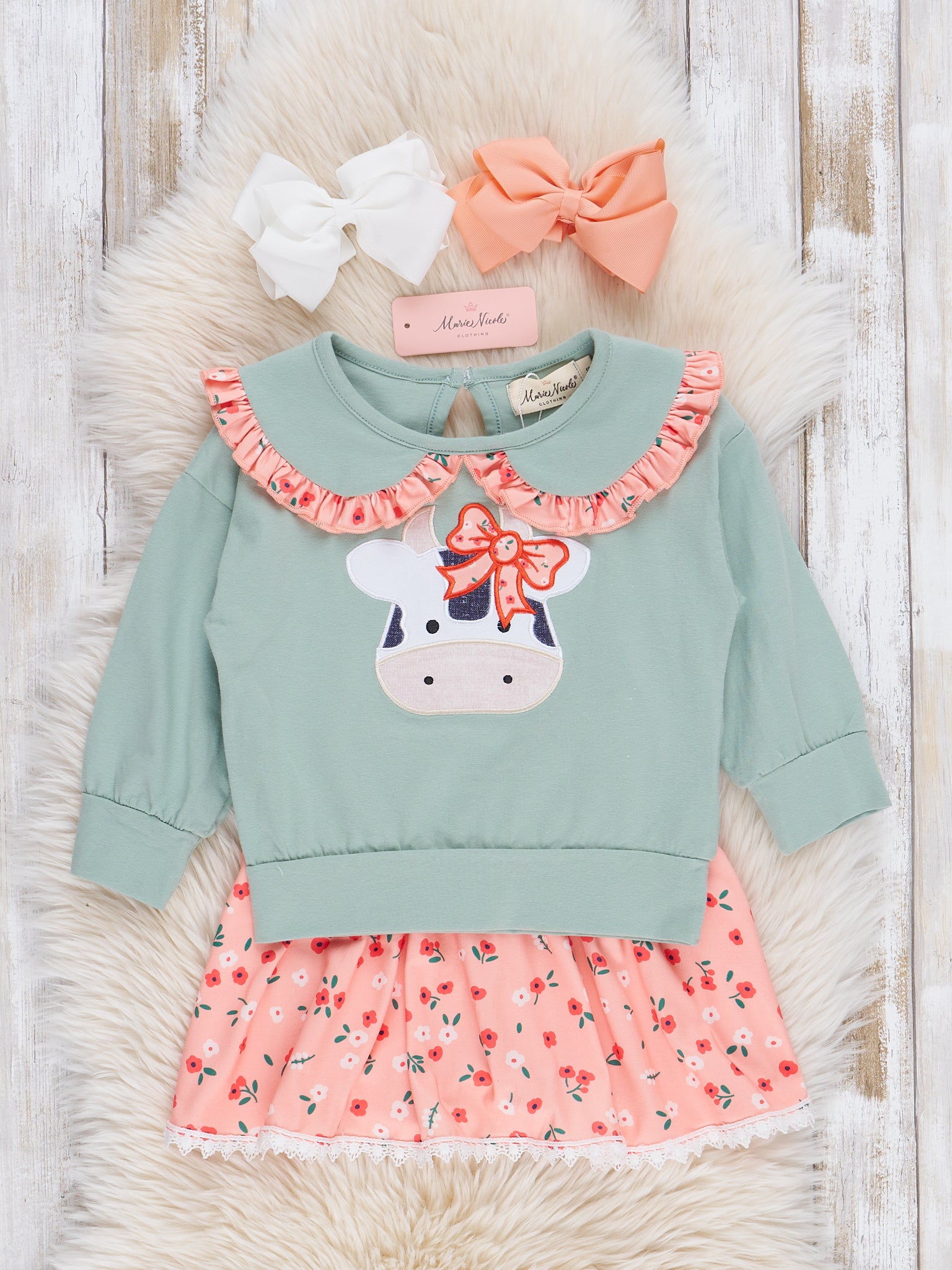 Mint & Coral Embroidered Cow Floral Ruffle Outfit w/ Skirt - Marie Nicole Clothing