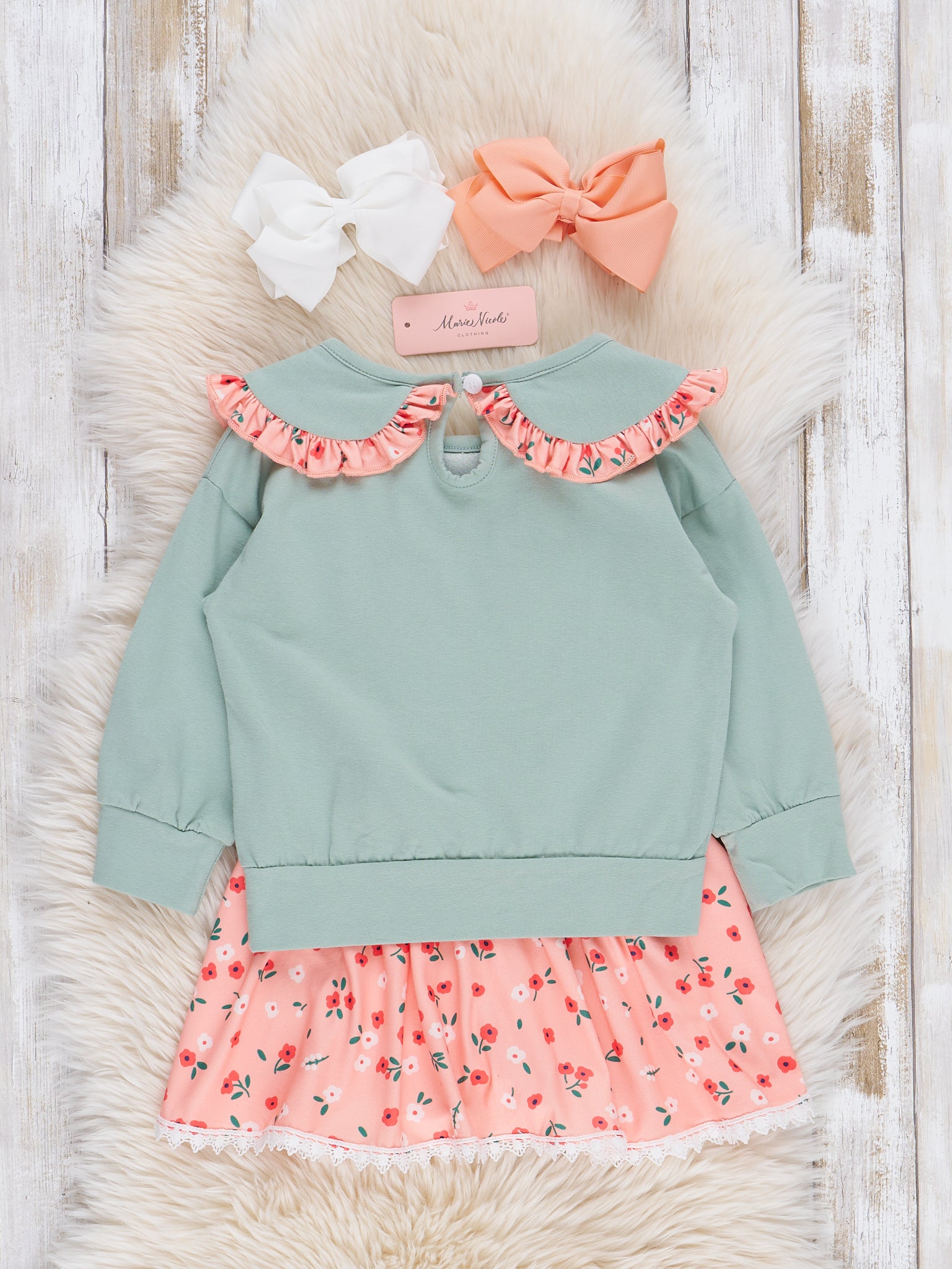 Mint & Coral Embroidered Cow Floral Ruffle Outfit w/ Skirt - Marie Nicole Clothing