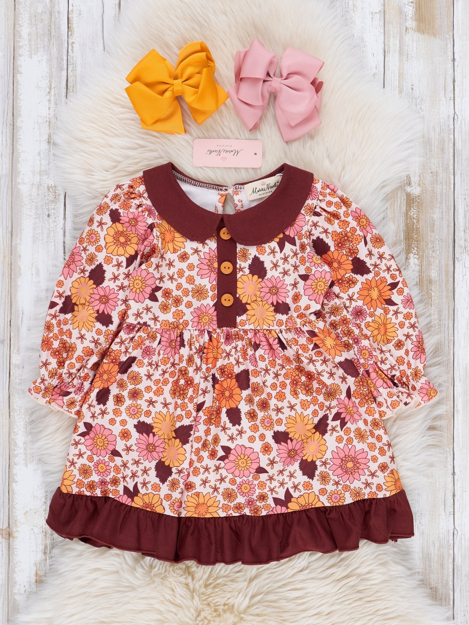 Maroon Marigold Dreams Ruffle Dress - Marie Nicole Clothing
