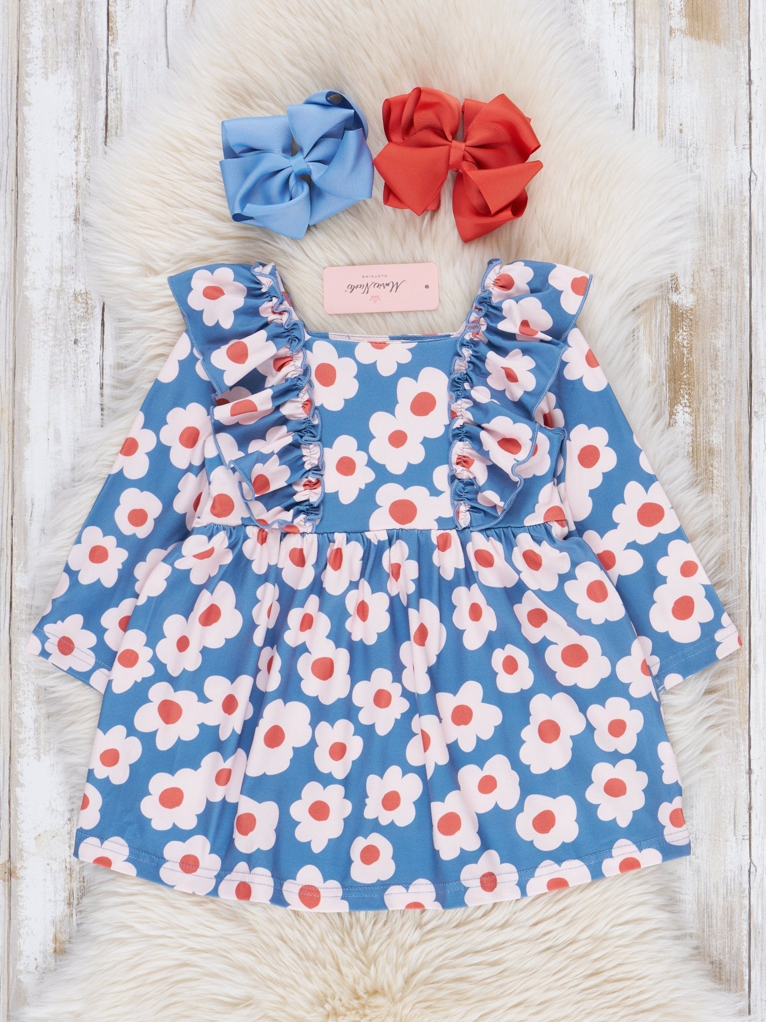 Soft Orange & Blue Daisy Ruffle Dress - Marie Nicole Clothing