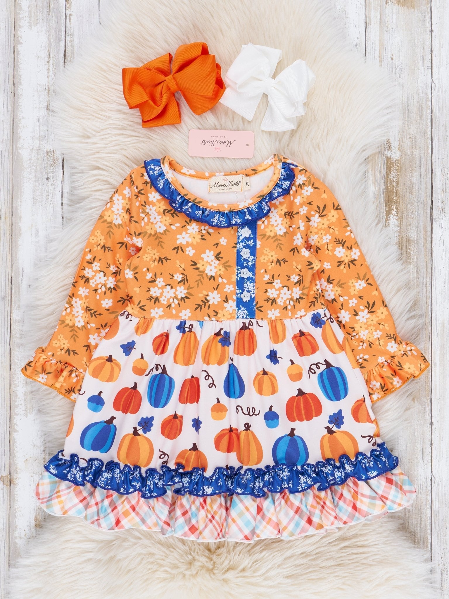 Orange Blooms & Blue Plaid Pumpkin Ruffle Dress - Marie Nicole Clothing