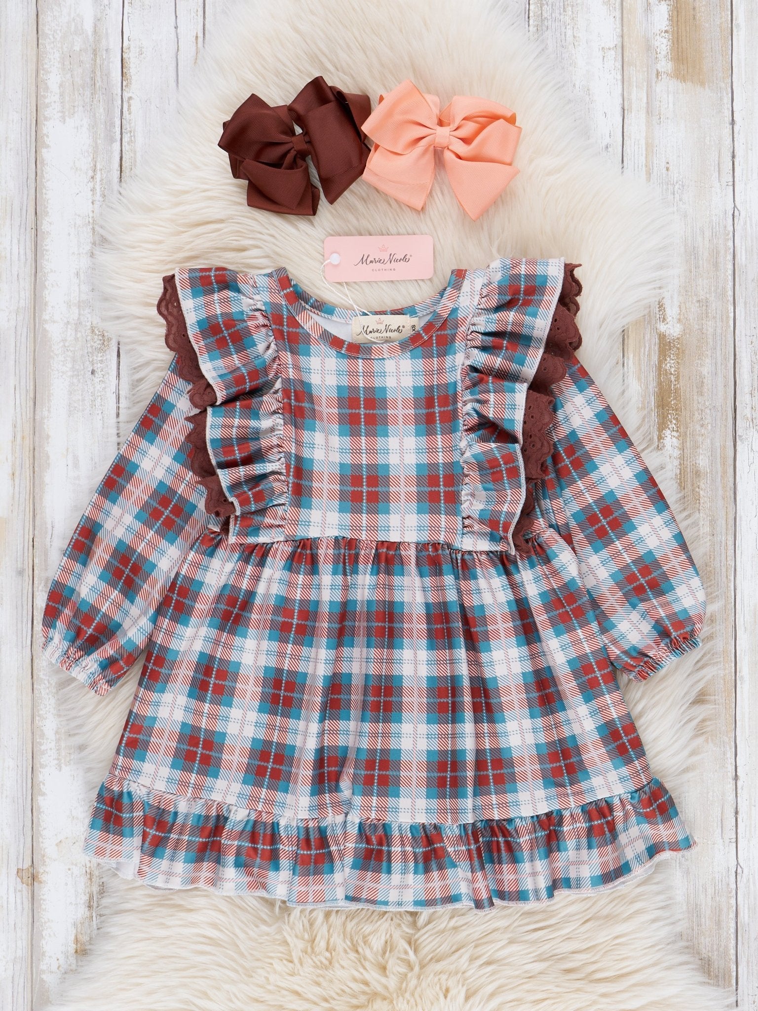 Brown & Turquoise Plaid Ruffle Dress - Marie Nicole Clothing