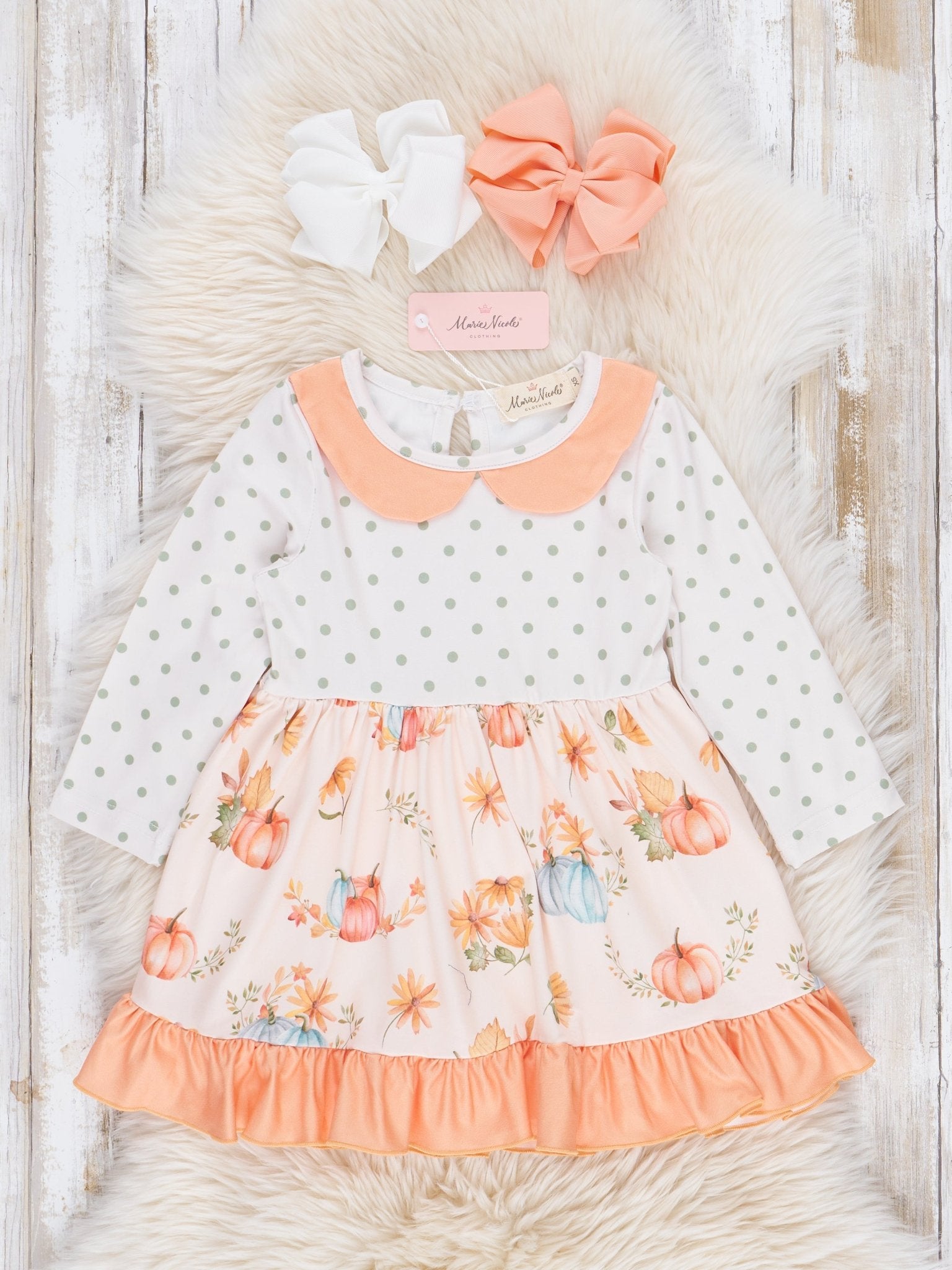 Peach & Green Dots Floral Pumpkins Ruffle Dress - Marie Nicole Clothing