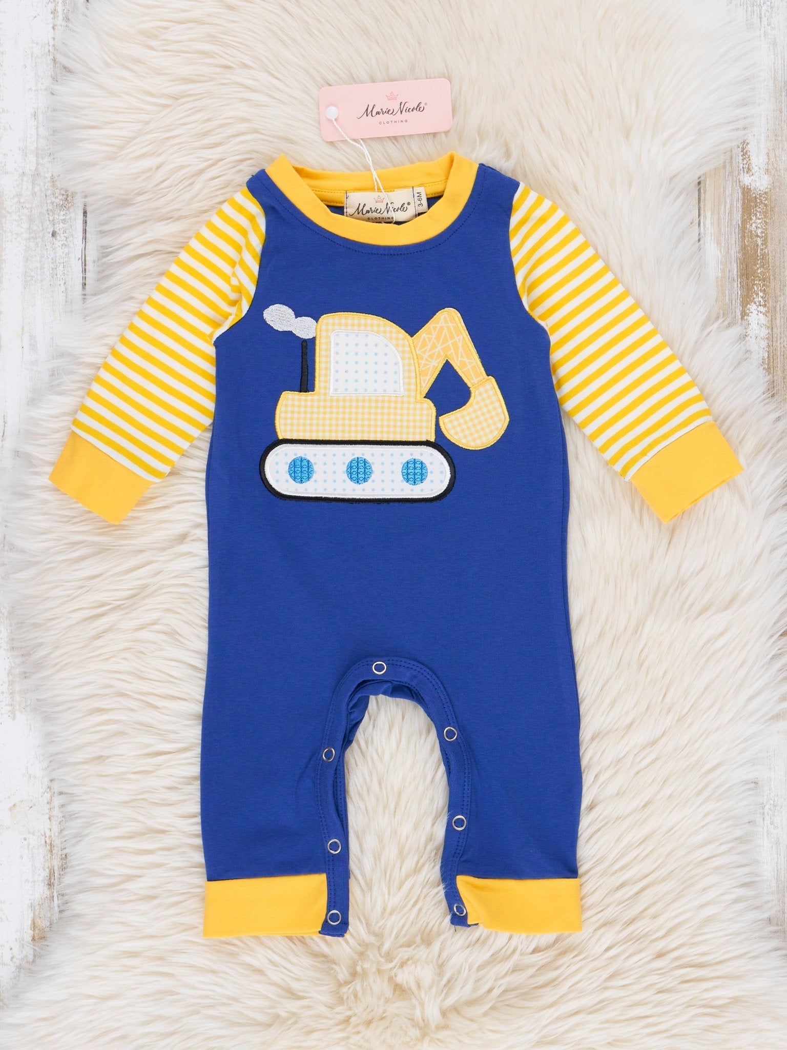 Royal Blue & Yellow Excavator Raglan Romper - Marie Nicole Clothing