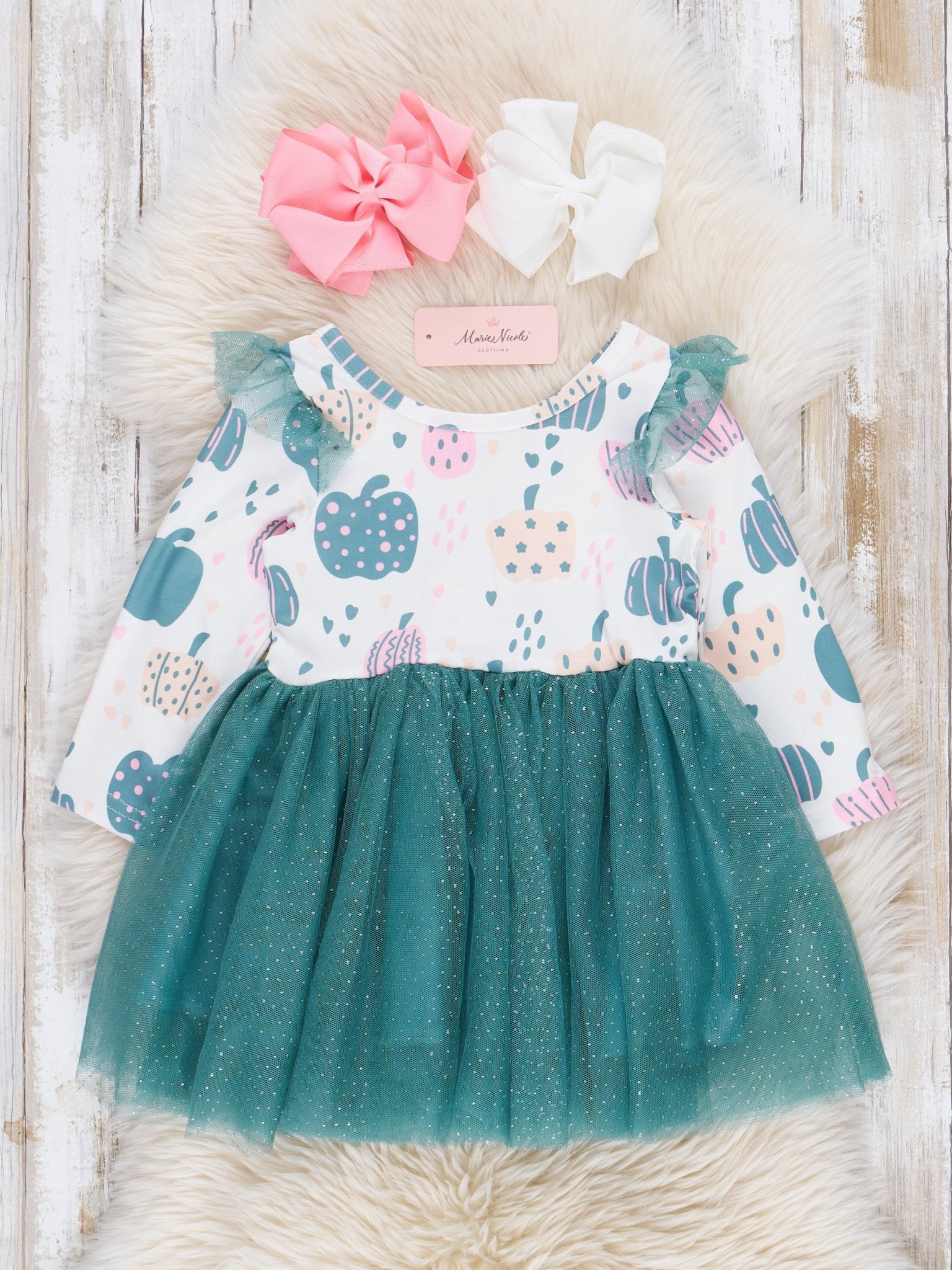Deep Teal Doodle Pumpkins Tulle Dress - Marie Nicole Clothing