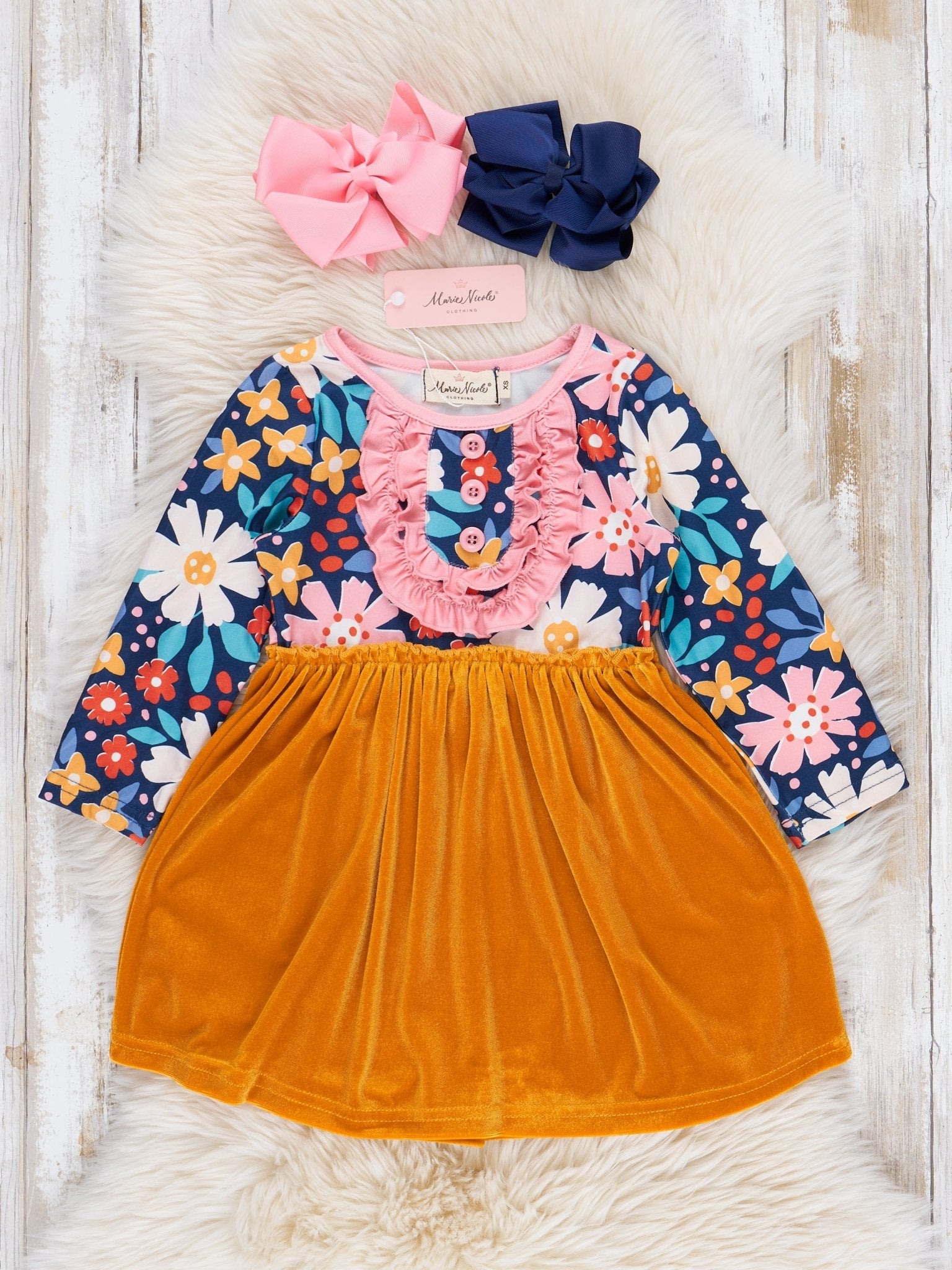 Yellow Velvet & Pink Floral Ruffle Dress - Marie Nicole Clothing