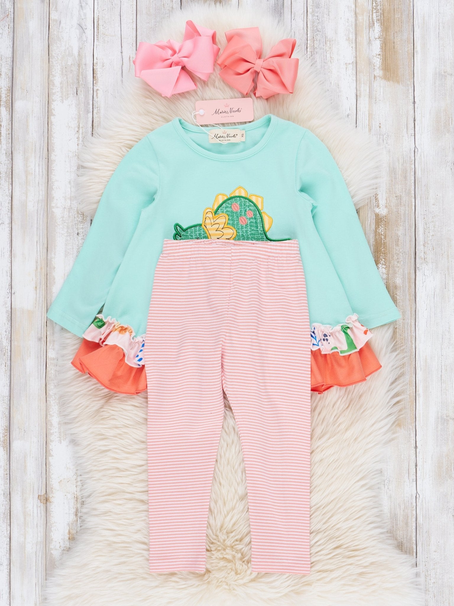 Coral & Teal Embroidered Triceratops Ruffle Outfit - Marie Nicole Clothing