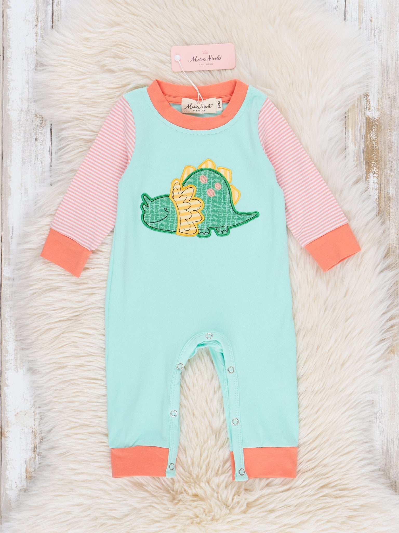 Coral & Teal Embroidered Triceratops Raglan Romper - Marie Nicole Clothing