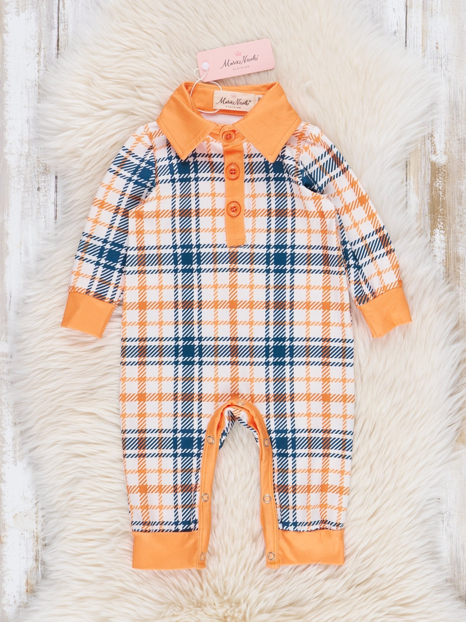 Orange & Blue Plaid Polo Romper - Marie Nicole Clothing