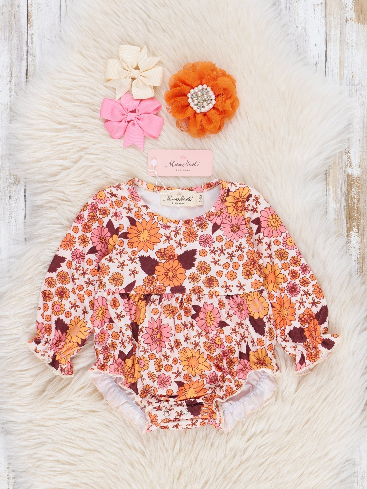 Maroon Marigold Dreams Ruffle Bubble Romper - Marie Nicole Clothing