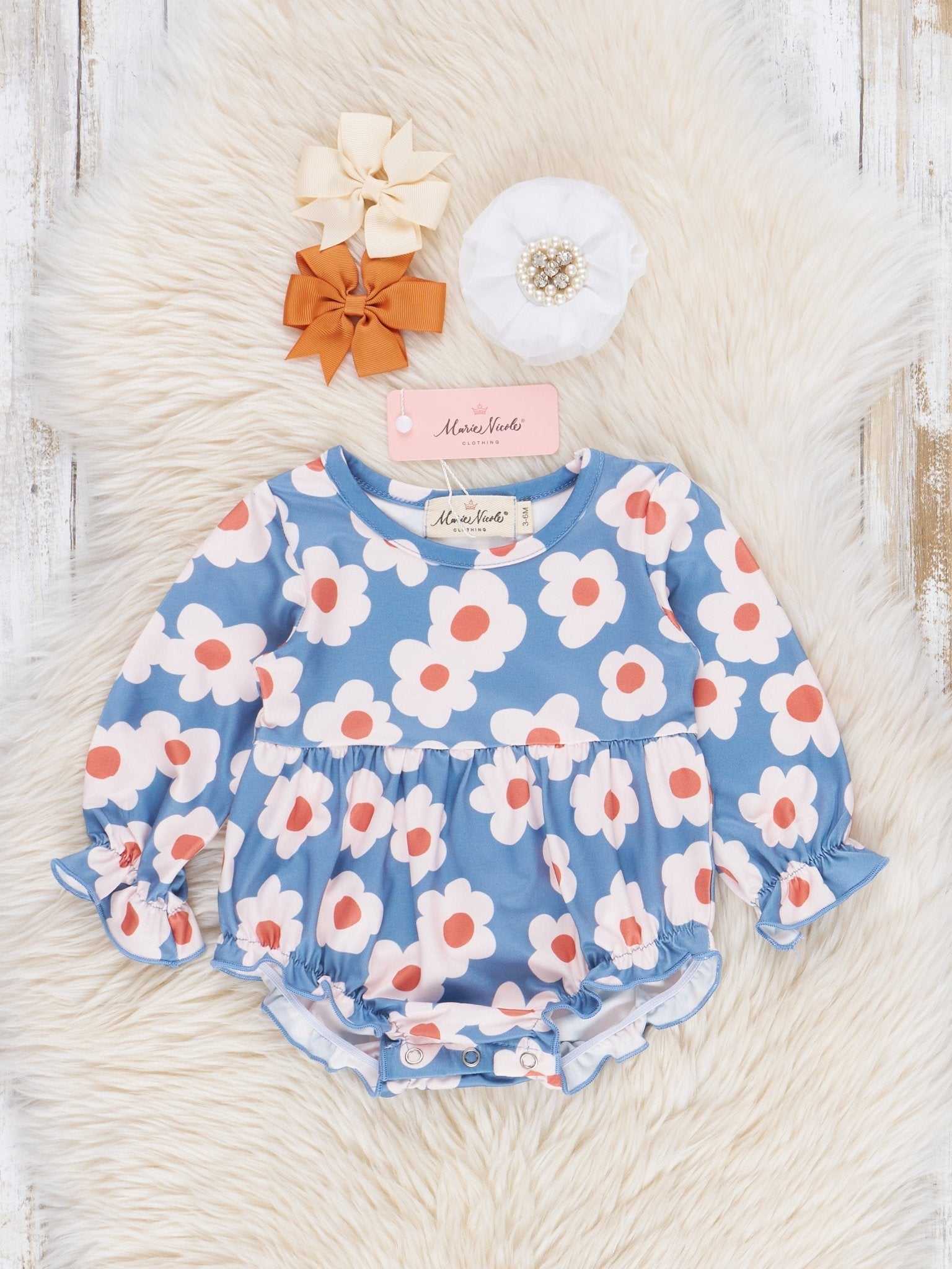 Soft Orange & Blue Daisy Ruffle Bubble Romper - Marie Nicole Clothing