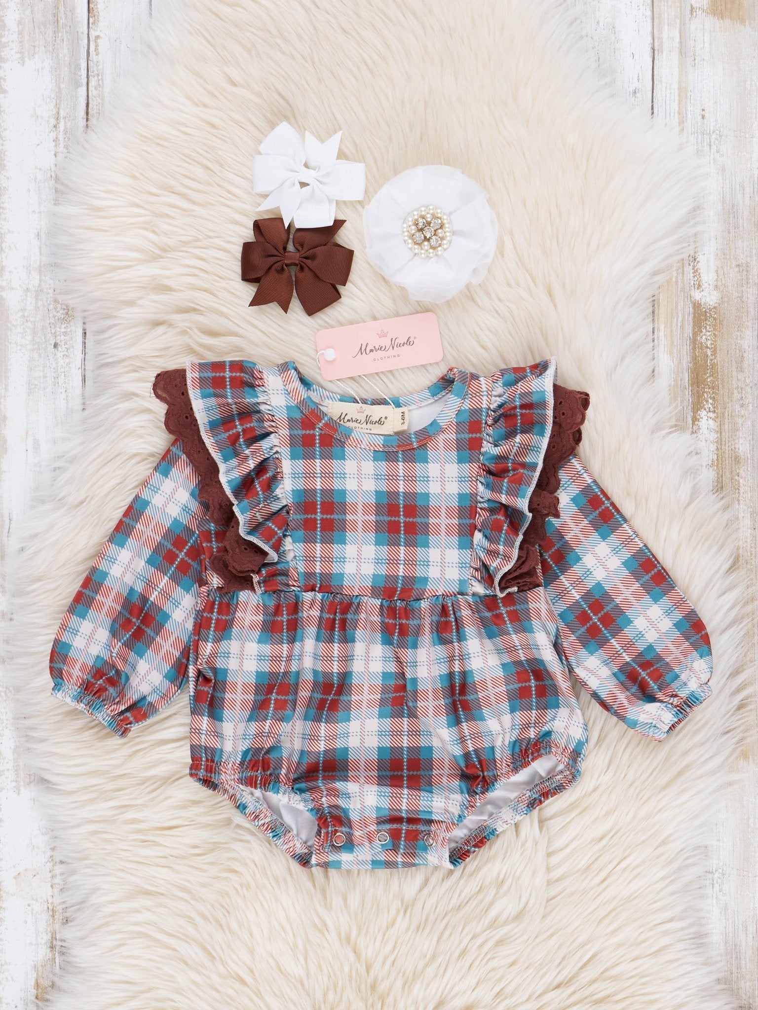 Brown & Turquoise Plaid Ruffle Bubble Romper - Marie Nicole Clothing