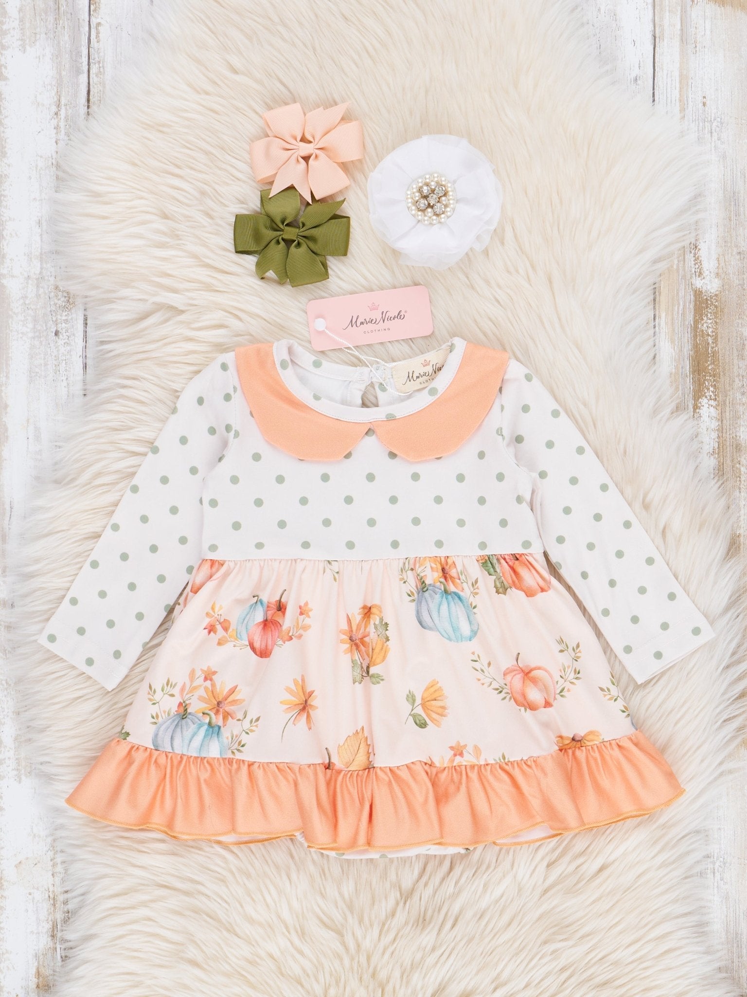 Peach & Green Dots Floral Pumpkins Ruffle Bubble Romper - Marie Nicole Clothing