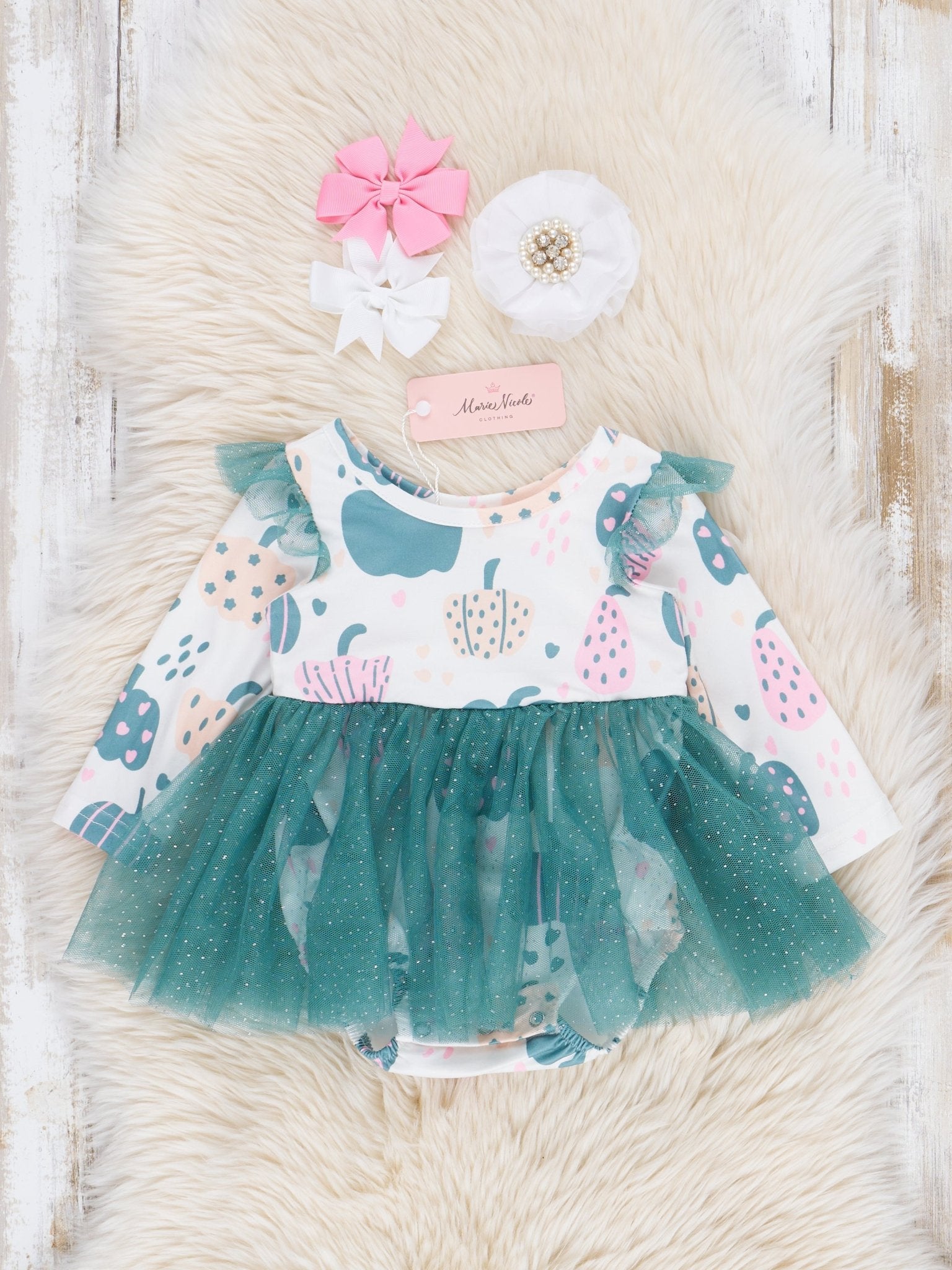 Deep Teal Doodle Pumpkins Tulle Bubble Romper - Marie Nicole Clothing