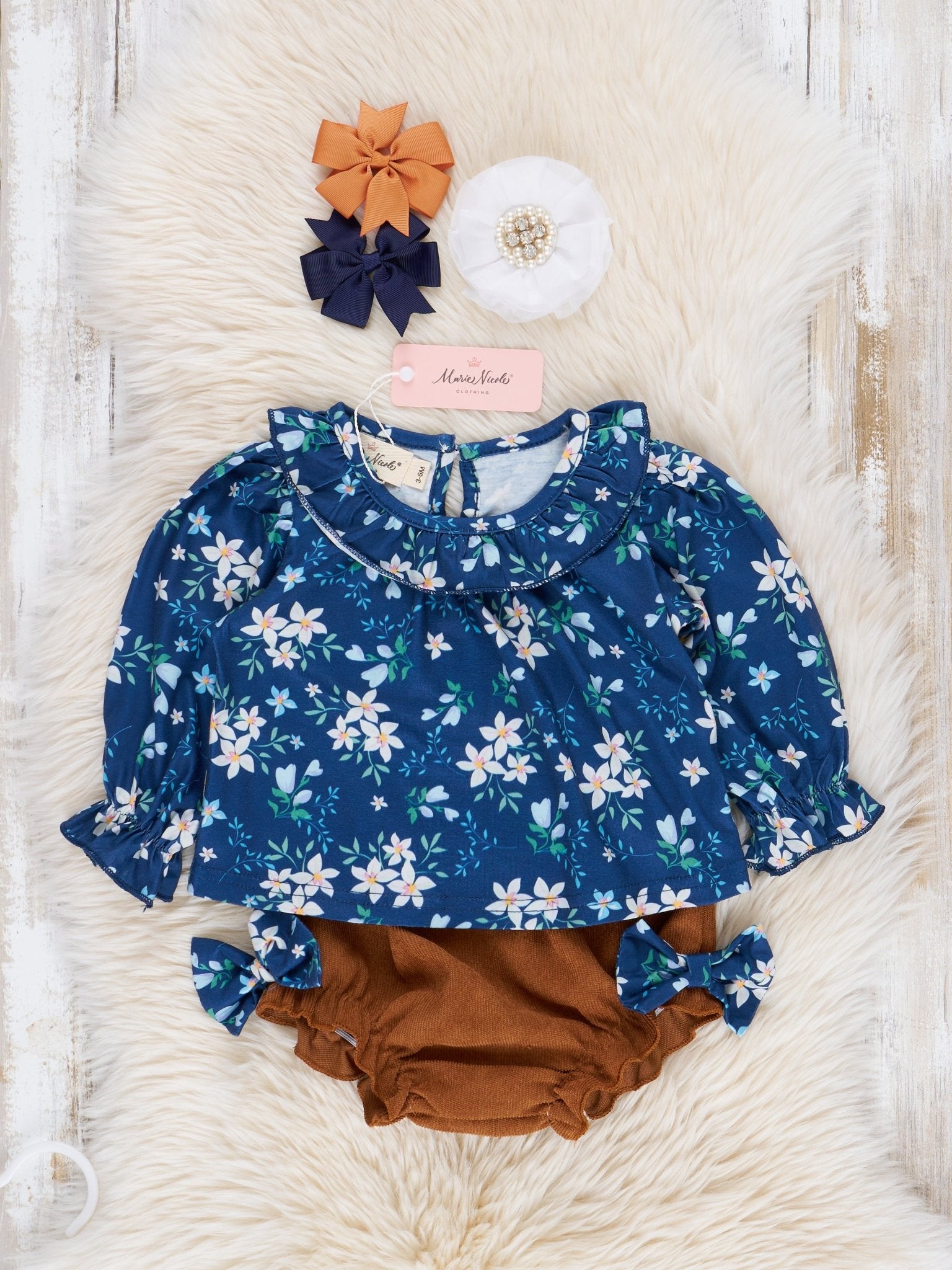 Blue Blooms & Corduroy Bloomers Outfit - Marie Nicole Clothing