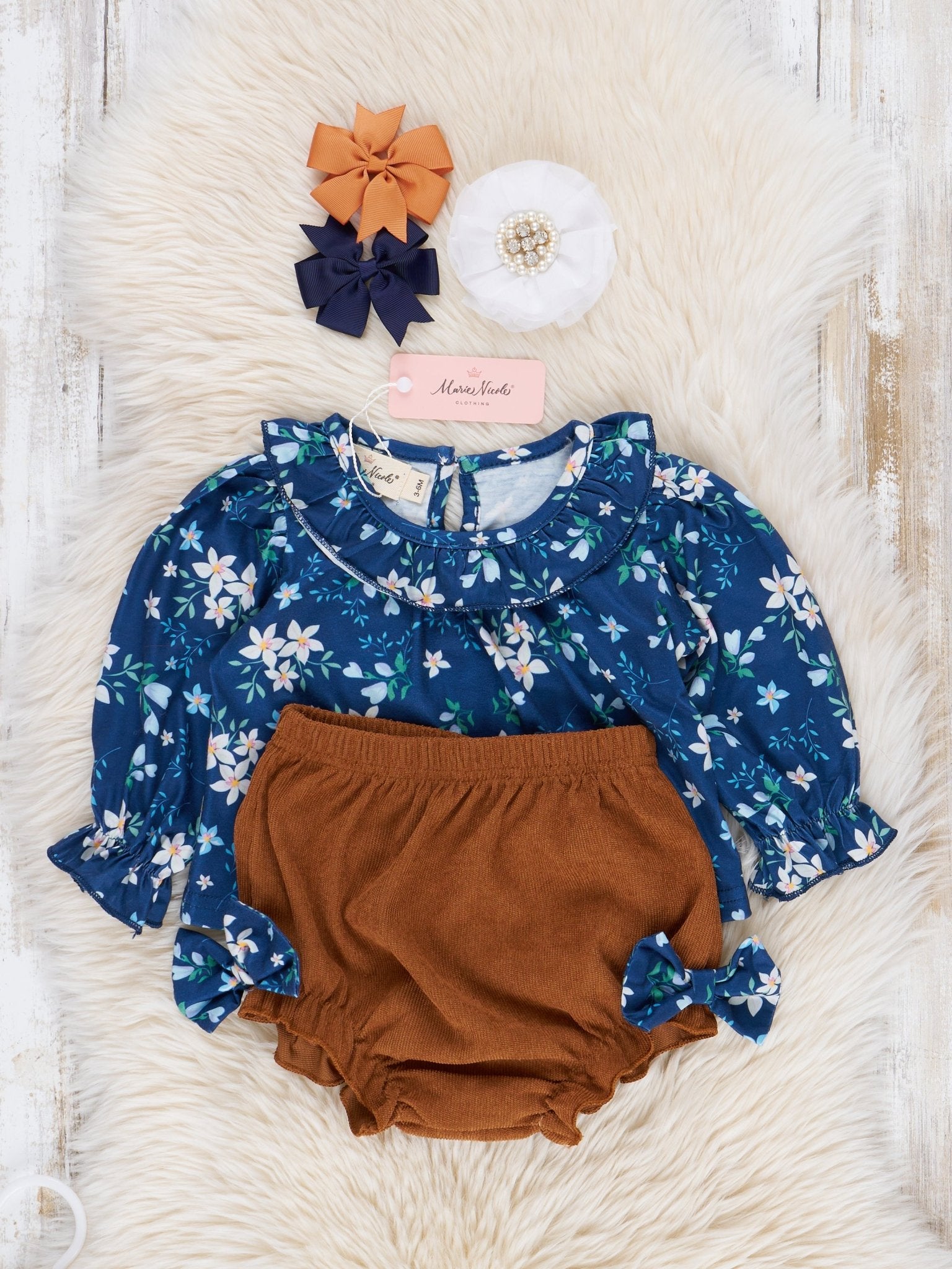 Blue Blooms & Corduroy Bloomers Outfit - Marie Nicole Clothing