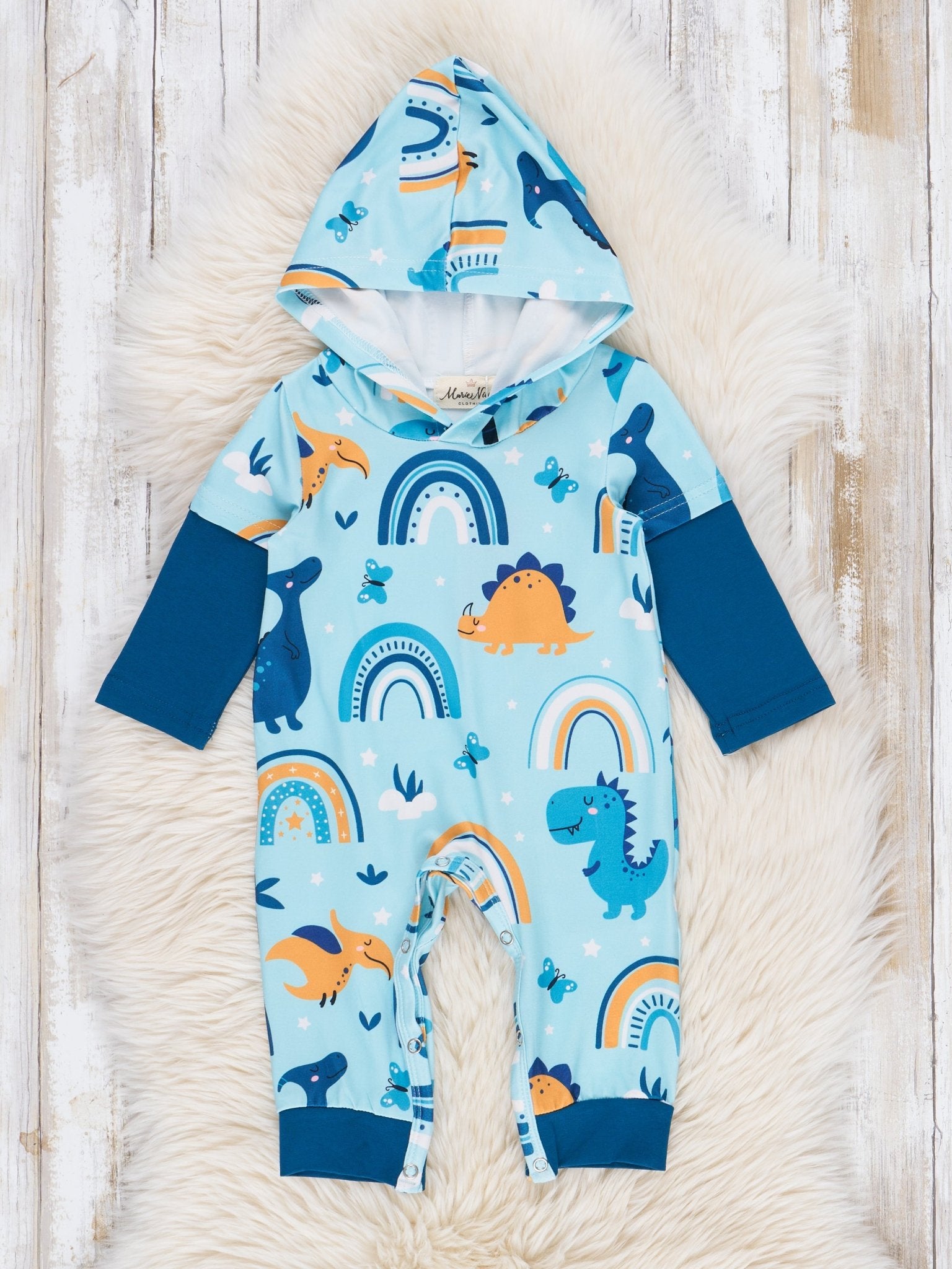 Blue Rainbows & Dinos Raglan Romper - Marie Nicole Clothing