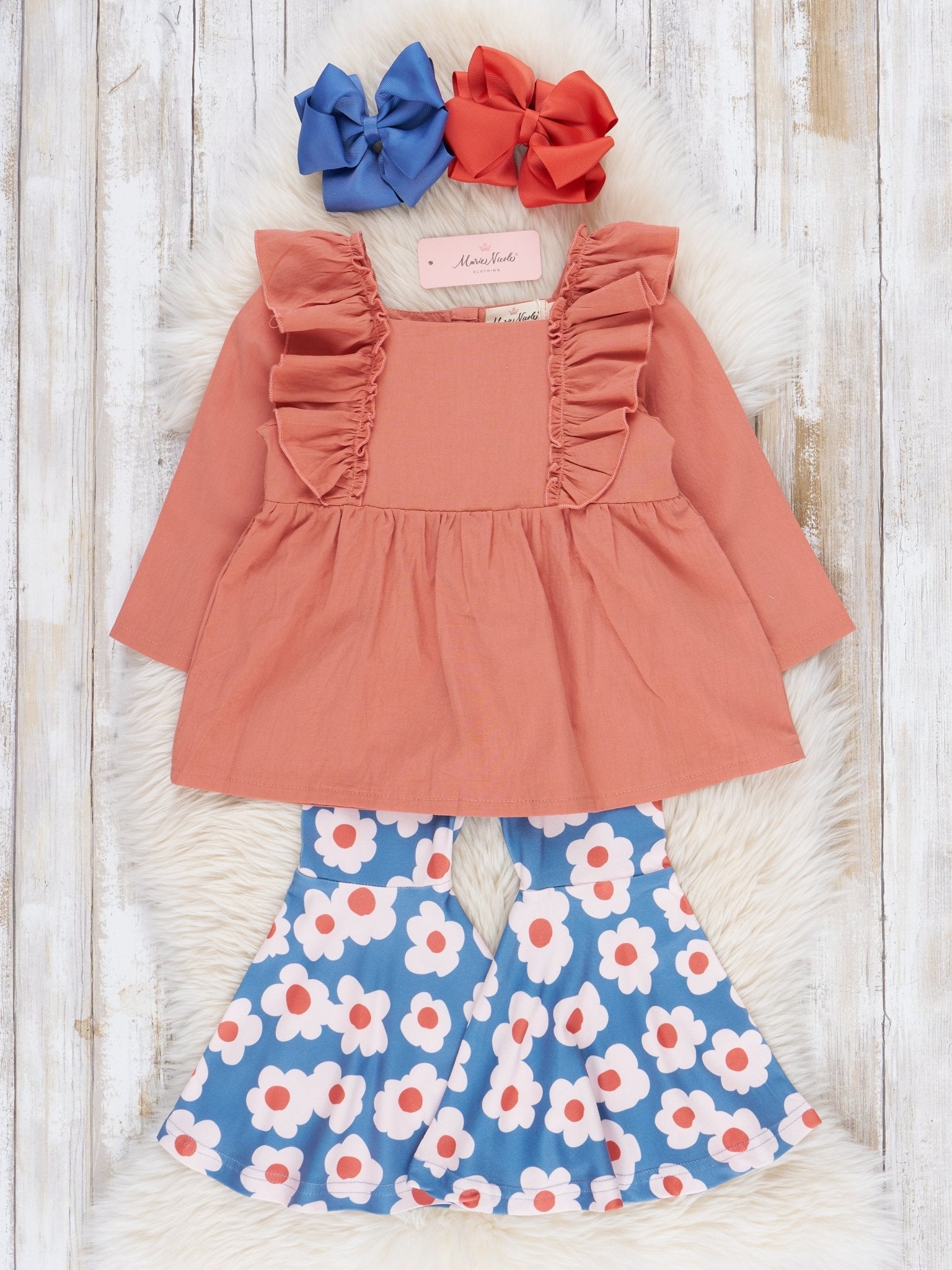 Soft Orange & Blue Daisy Bell Bottom Outfit - Marie Nicole Clothing