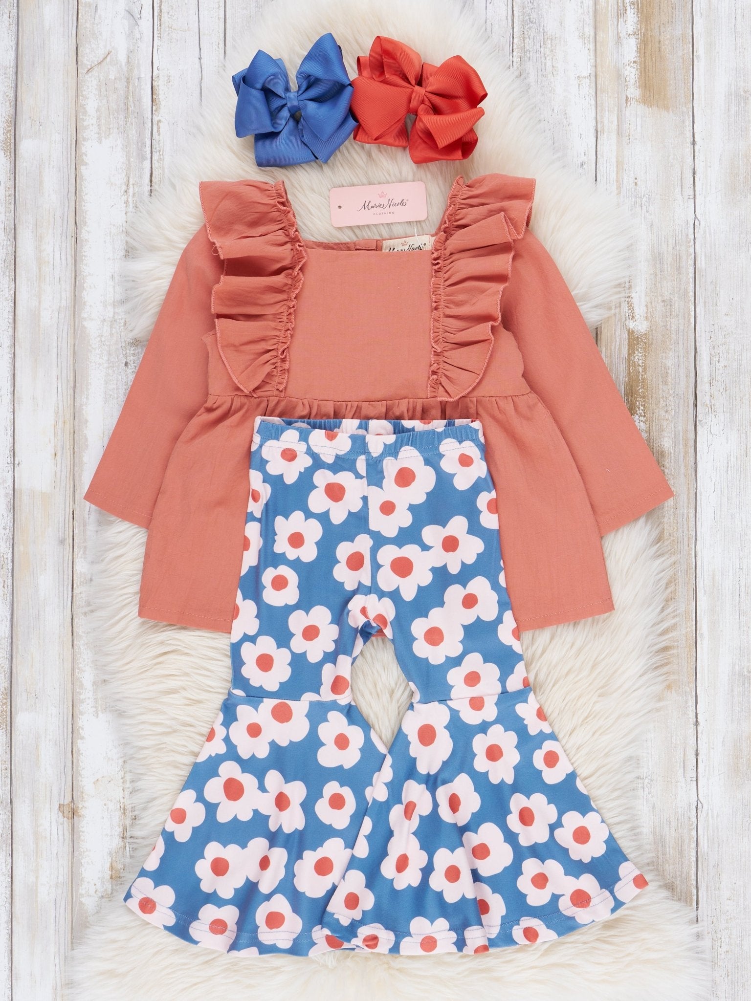 Soft Orange & Blue Daisy Bell Bottom Outfit - Marie Nicole Clothing